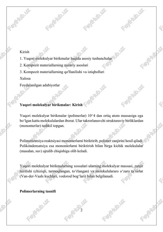siflaydi, bu disperslik indeksi (ð) bilan ifodalanadi, ð = mw/mn. o'rtacha son molekulyar og'irligi (mn) har bir molekulaning hissasini teng hisobga oladi, polimerda 10000 g/mol dan kam bo'lgan zanjirlar sonini ko'rsatib, xususiyatlarga ta'sir qiladi. polimerlarning tuzilishi va konfiguratsiyasi polimer tuzilishi zanjirsimon bo'lib, molekulalar kovalent bog'lar orqali birikkan takroriy birliklardan (monomerlar) iborat. polimerizatsiya darajasi o'rtacha 100 dan 10000 gacha bo'lishi mumkin. konfiguratsiya izomeriya hodisasi bilan bog'liq; bunda molekuladagi atomlarning fazoviy joylashuvi, masalan, sis-trans izomerlar, polimerning xususiyatlariga sezilarli ta'sir ko'rsatadi. taktiklik - bu polimer zanjirida o'rinbosarlar (yon guruhlar)ning nisbiy stereokimyoviy joylashuvi bo'lib, u izotaktik (barcha bir xil tomonda), sindiotaktik yoki ataktik (tasodifiy) bo'lishi mumkin. polimerlarning holatlari va o'tishlari shishasimon holatda polimerlar amorf tuzilishga ega bo'lib, molekulalar tartibsiz joylashgan. bu holat odatda past haroratlarda kuzatiladi, bunda molekulyar harakatlanish juda cheklangan bo'ladi. yuqori elastik holat polimerlarning shishasimonlanish haroratidan (tg) yuqori haroratlarda namoyon bo'ladi. bunda molekulalar segmentar harakatlana oladi, lekin butun zanjir holatini o'zgartirmaydi. oquvchanlik …