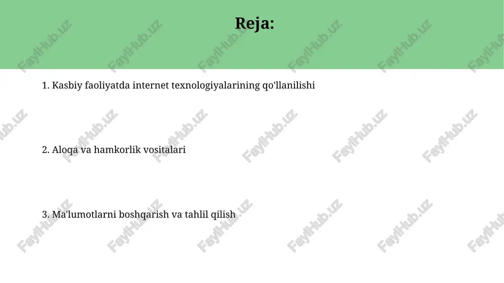 tlarni tahlil qilish va xavfsizlikni ta'minlash, 128-bit shifrlash bilan himoya qilish va xodimlarning 24/7 aloqasini osonlashtirishga yordam beradi. onlayn ta'lim va kasbiy rivojlanish onlayn ta'lim kasbiy rivojlanish uchun moslashuvchanlikni ta'minlaydi, xodimlar o'z vaqtlariga mos ravishda o'qishlari va 7/24 kurslarga kirishlari mumkin. mooc (massive open online courses) kabi platformalar mutaxassislar uchun turli sohalarda, masalan, data science yoki loyihani boshqarishda 1000 dan ortiq kurslarni taqdim etadi. elektron tijorat va onlayn to'lovlar elektron tijoratda onlayn to'lovlar xarajatlarni kamaytiradi: an'anaviy usullar 2-5% to'lov olsa, raqamli to'lovlar 0.5-3% atrofida bo'lishi mumkin, bu esa foydani oshiradi. onlayn to'lov tizimlari, masalan, paypal yoki stripe, xaridorlarga kredit kartalari va bank hisoblaridan foydalanish imkonini beradi, tranzaktsiya xavfsizligini ta'minlab, ishonchni oshiradi. marketing va reklama internet-texnologiyalari smmda maqsadli auditoriyaga yetib borish imkoniyatini beradi. facebook va instagram kabi platformalar demografik ma'lumotlar asosida 75% aniqlikdagi reklamalarni sozlashga yordam beradi. elektron pochta marketingi 4400% gacha roi (investitsiya daromadliligi) ko'rsatkichiga erishishga yordam beradi. shuningdek, avtomatlashtirilgan …