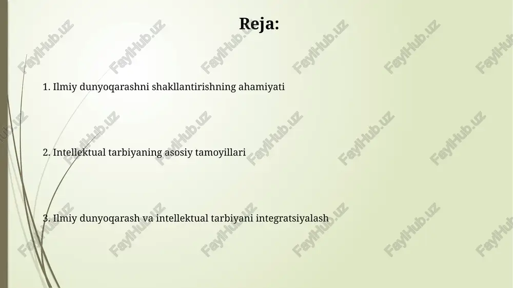 lar kabi metodlar, talabalarning bir-birining fikrlarini tahlil qilish orqali bilimlarni mustahkamlashga yordam beradi, shu bilan 21-asr ko'nikmalarini o'stiradi. darsdan tashqari mashg'ulotlarda ilmiy dunyoqarashni targ'ib qilish darsdan tashqari tadbirlar davomida 7-9-sinf o'quvchilari uchun ilmiy klublar tashkil etish, ularning tabiiy fanlarga qiziqishini oshiradi va ilmiy dunyoqarashini shakllantiradi. ekologik aksiyalarni o'tkazish orqali, masalan, 'toza hudud' kampaniyasi, o'quvchilar tabiatga bo'lgan mas'uliyatni his qilishadi va ilmiy-ekologik dunyoqarashni rivojlantiradilar. ilmiy dunyoqarash va intellektual tarbiyaning natijadorligini baholash ilmiy dunyoqarash samaradorligi, 70% dan yuqori ko'rsatkich bilan, testlar va suhbatlar orqali aniqlanadi; intellektual rivojlanish esa 0.85 bahoda loyihalarni himoya qilish orqali baholanadi. intellektual tarbiyaning natijadorligi 5 ta asosiy kompetensiya (tanqidiy fikrlash, ijodkorlik) bo'yicha loyihalar orqali baholanadi, 80% talaba muvaffaqiyatga erishishi maqsad qilinadi. e'tiboringiz uchun rahmat image2.jpg image3.jpg image4.jpg image5.jpg image6.jpg image7.jpg image8.jpg