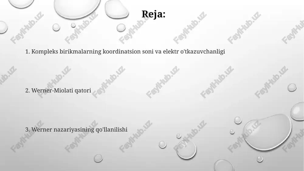 leks tarkibidagi ionlarning sonini aniqlashga imkon berdi, bu esa koordinatsion nazariyaning rivojlanishida muhim rol o'ynadi. muvofiqlashtirish sonini aniqlash usullari rentgen nurlanishining diffraksiyasi usuli metall markazining atrofidagi atomlarning fazoviy joylashuvini aniqlash orqali koordinatsiya sonini bevosita aniqlash imkonini beradi. nmr spektroskopiyasi, xususan, 2d-nmr usullari, ligandlar soni va metall ion bilan bog'lanish turini aniqlab, koordinatsiya sonini aniqlashda muhim rol o'ynaydi. molekulyar og'irlikni aniqlash va kompleks tarkibini o'rganish, masalan, elementar analiz va mass-spektrometriya, taxminiy koordinatsiya sonini belgilashga yordam beradi. elektr o'tkazuvchanlik va ionlarning harakati ionlarning harakati eritmadagi elektr maydon ta'sirida ionlarning tezligini ifodalaydi. yuqori harakatga ega ionlar, masalan h+ va oh-, yuqori o'tkazuvchanlikni ta'minlaydi. elektr o'tkazuvchanlik eritmadagi ionlarning konsentratsiyasi va zaryadiga proporsional. yuqori konsentratsiyalar va ko'p valentli ionlar 2-valent ionlarga nisbatan katta o'tkazuvchanlikka ega. kompleks birikmalarning elektr o'tkazuvchanligi ularning dissotsiatsiya darajasiga bog'liq. to'liq dissotsiatsiyalangan komplekslar 1:3 yoki 1:4 nisbatda yuqori o'tkazuvchanlikka ega. werner nazariyasi va uning eksperimental isbotlari vernerning agcl cho'kmasini aniqlash uchun agno3 …