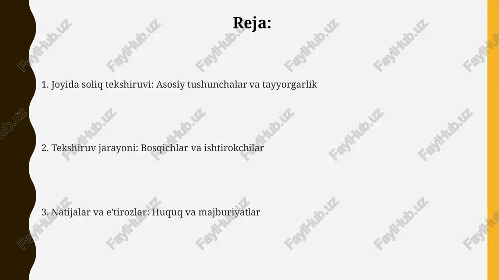 soliq tekshiruvi soliq organining qaroriga asosan, soliq to'lovchining joylashgan joyida uch ish kunigacha amalga oshiriladi. tekshiruv davri joriy yil va oldingi uch yilni qamrab oladi. soliq to'lovchi sayyor tekshiruv boshlanishidan kamida bir kun oldin xabardor qilinadi. xabarnomada tekshiruv maqsadi, davri va soliq inspektorlarining ismi ko'rsatilishi shart. tekshiruv natijalari bo'yicha dalolatnoma tuzilib, soliq to'lovchiga taqdim etiladi. soliq to'lovchi dalolatnomaga e'tiroz bildirish huquqiga ega va e'tirozlar 15 kun ichida ko'rib chiqiladi. soliq tekshiruvi natijalari va ularni rasmiylashtirish tekshiruv natijalari bo'yicha soliq organi qaror qabul qiladi, unda soliq to'lovchining majburiyatlari, apellyatsiya tartibi va qaror ijro etilish muddatlari (30 kun) belgilanadi. soliq tekshiruvi natijalari dalolatnoma bilan rasmiylashtiriladi, unda aniqlangan qonunbuzilishlar, hisoblangan soliqlar va jarimalar summasi ko'rsatiladi, bu 10 kun ichida topshirilishi shart. agar tekshiruv natijalari bilan norozilik bo'lsa, soliq to'lovchi 30 kun ichida yuqori soliq organiga yoki sudga shikoyat berishi mumkin, bu muddat qonun bilan belgilanadi. soliq tekshiruvi natijalari bo'yicha e'tirozlar va apellyatsiya soliq …