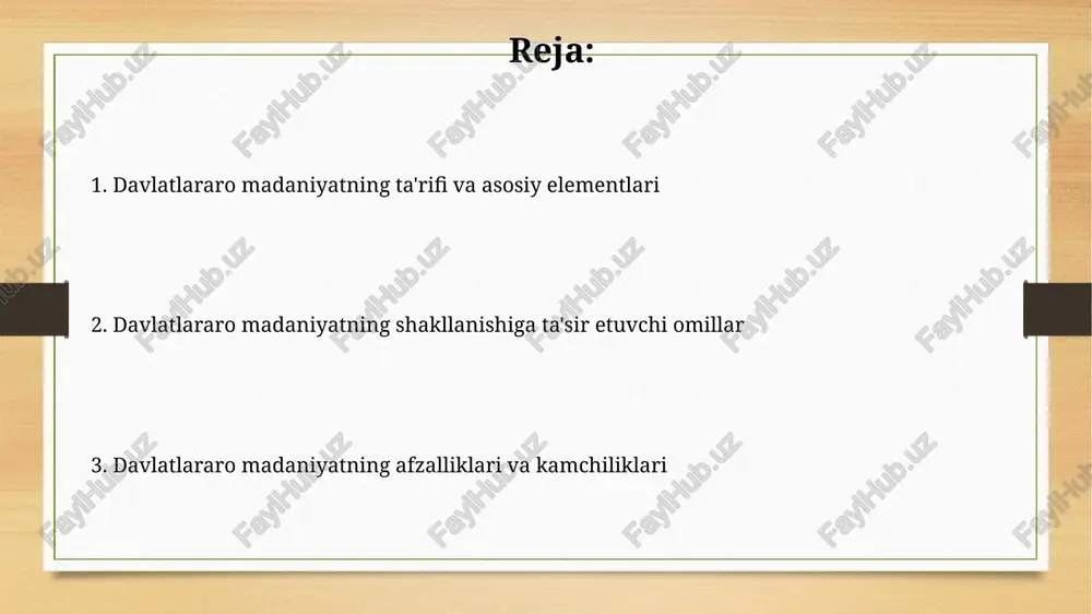 ngan, aholining 90 foizdan ortig'i musulmon. bu, o'z navbatida, odamlarning hayot tarziga, jumladan, kundalik namozga ta'sir qiladi. ijtimoiy odatlar va etiket o'zbekistonda mehmondo'stlik yuqori qadrlanadi; mehmonlarni hurmat qilish va ularga eng yaxshi joyni taklif etish, ovqatlanishda esa birinchi taomni uzatish odat tusiga kirgan. kattalarga hurmat ko'rsatish muhim; yoshi kattalarga joy berish, ularning oldida baland ovozda gapirmaslik va maslahatlarini tinglash o'zbek ijtimoiy odobining asosiy qismidir. vaqtni idrok etish va ishbilarmonlik madaniyati vaqtni idrok etishda “monoxronik” madaniyatlar bir vaqtda faqat bitta vazifaga e'tibor qaratadi, muddatlarga qat'iy rioya qiladi, biznesda esa samaradorlik yuqori baholanadi. biznes madaniyatida muzokaralar olib borishda “yuzma-yuz” uchrashuvlar ahamiyatga ega, shaxsiy munosabatlar o'rnatish muhim, ayniqsa 2-3 kishilik jamoalar bilan ishlash afzal. madaniyatlararo to'qnashuvlar va ularni hal qilish madaniyatlararo to'qnashuvlar 1990-yillarda huntington tomonidan rivojlantirilgan, unda sivilizatsiyalar farqlari asosiy konflikt manbai ekanligi ta'kidlangan. to'qnashuvlarni hal qilishda 9 qadamli muzokaralar modeli qo'llaniladi, bunda manfaatlar aniqlanib, umumiy yechimlar topiladi, hamkorlik kuchaytiriladi. madaniyatlararo muloqotda stereotiplar …
