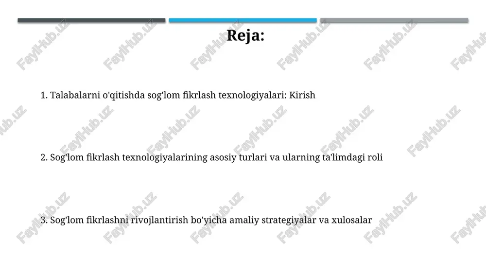 tiv funktsiyalarni yaxshilashga qaratilgan amaliyot, miyaning kulrang moddasini 10-20% ga oshirishi va ijodkorlikni rag'batlantirishi mumkin. idrokni qayta tuzish "idrokni qayta tuzish" – bu noaniq fikrlash uslublarini aniqlash va 10 dan ortiq kognitiv buzilishlarni kamaytirishga qaratilgan psixologik yondashuvdir. ushbu texnika talabalarga salbiy avtomatik fikrlarni 5 qadamda (e'tirof etish, baholash, rad etish, qayta tuzish, qo'llash) tanqidiy tahlil qilish orqali o'zgartirishga yordam beradi. ijobiy o'z-o'zini gapirish 'ijobiy o'z-o'zini gapirish' - bu shaxsning o'ziga nisbatan 5-10 marta ijobiy tasdiqlarni aytish orqali o'zini ruhlantirishi va ishonchini oshirish texnikasidir. ushbu texnika orqali talaba o'zining salbiy fikrlash modelini o'zgartirishi va o'ziga bo'lgan bahosini 20-30% ga ko'tarishi mumkin, shu bilan motivatsiyani oshiradi. minnettordorchilik amaliyoti 'minnettordorchilik amaliyoti' talabalarning ruhiy farovonligini oshirishga yordam beradi, stressni 25% ga kamaytiradi va optimizmni 30% ga oshiradi, tadqiqotlar shuni ko'rsatdi. 'minnettordorchilik amaliyoti' orqali talabalar kundalik hayotda 3-5 ta minnatdorchilik sababini topishni o'rganadilar, bu ularning diqqatini ijobiyga qaratadi. sog'lom fikrlash texnologiyalarini sinfga integratsiya qilish “muammolarni …