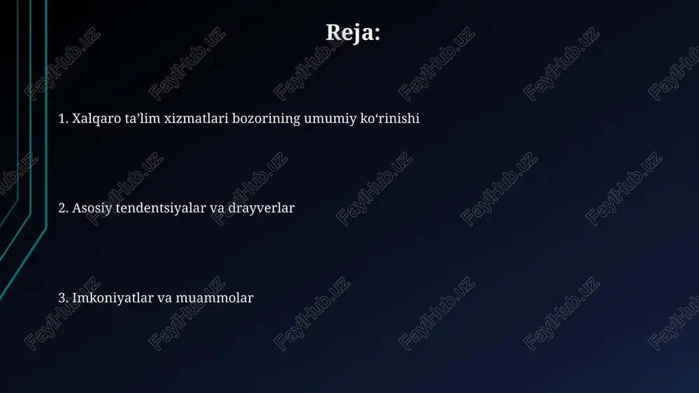 ga e'tibor qaratiladi. taʼlim yoʻnalishlari ta’lim yo‘nalishlari ichida steam (fan, texnologiya, muhandislik, matematika) kabi sohalar o‘sib bormoqda, 2024-yilda bu yo‘nalishlarda 15% o‘sish kuzatiladi. biznes boshqaruvi va moliya kabi an'anaviy yo‘nalishlar hamon mashhur, xususan, mba dasturlari 25 yoshdan 35 yoshgacha bo‘lganlar orasida talab yuqori. geografik tahlil geografik tahlil talabalarning migratsiya oqimlarini aniqlash uchun muhimdir. masalan, xitoy va hindiston kabi mamlakatlar 2023-yilda xalqaro talabalar soni bo'yicha yetakchi bo'ldi. geografik tahlil asosida, aqsh, buyuk britaniya va avstraliya 2024-yilda xalqaro ta'lim xizmatlari bozorida eng katta ulushga ega bo'lishi kutilmoqda, bu makonning afzalligini ko'rsatadi. raqobatbardosh landshaft raqobatbardosh landshaftda bir nechta yirik xalqaro ta'lim xizmatlari provayderlari mavjud bo'lib, ularning bozor ulushi 10% dan 20% gacha bo'lib, dominant mavqega ega. turli xil xalqaro ta'lim agentliklari, kichik maktablar va onlayn platformalar raqobatni kuchaytiradi, ularning bozor ulushi 5% dan kamroq, ammo innovatsiyalarni rag'batlantiradi. asosiy oʻyinchilar idp education ielts imtihonini boshqarish va xalqaro talabalarni joylashtirishda 50 yillik tajribaga ega boʻlib, …