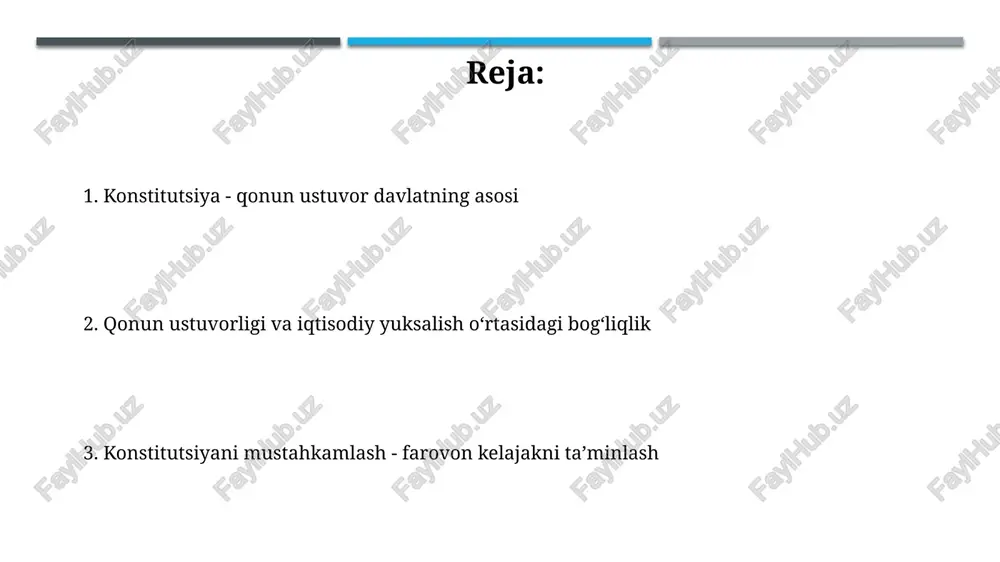 tarmoqqa: qonun chiqaruvchi, ijro etuvchi va sud hokimiyatiga bo'linadi. konstitutsiya, 1992-yil 8-dekabrda qabul qilingan o'zbekiston respublikasining asosiy qonuni, davlat hokimiyatining vakolatlarini va o'zaro munosabatlarini aniq belgilab beradi. konstitutsiya va iqtisodiy taraqqiyot konstitutsiya investitsiya muhitini kafolatlaydi, xususiy mulk huquqini himoya qilib, yangi korxonalar tashkil etish va 10 yillik strategik rivojlanishni rag'batlantiradi. konstitutsiya tadbirkorlikni qo'llab-quvvatlab, 2030 yilgacha iqtisodiy o'sishni ta'minlaydi va davlatning iqtisodiy siyosatini belgilab, minimal ish haqini kafolatlaydi. konstitutsiya va ijtimoiy adolat konstitutsiya ijtimoiy adolatni ta'minlashda 40-modda orqali aholining ijtimoiy himoyaga muhtoj qatlamlariga alohida g'amxo'rlik qilishni kafolatlaydi. konstitutsiyaning 18-moddasiga ko'ra, barcha fuqarolar qonun oldida tengdirlar, bu ijtimoiy adolatning asosiy tamoyili bo'lib, imtiyozlarni rad etadi. konstitutsiya va ta'lim konstitutsiya ta'lim sohasidagi huquqiy asoslarni belgilaydi, har bir fuqaroning 12 yillik majburiy ta'lim olish huquqini kafolatlaydi va sifatli ta'lim olish imkoniyatlarini yaratadi. konstitutsiyaning 41-moddasi har bir shaxs bilim olish huquqiga ega ekanligini belgilaydi va davlat bepul umumiy o'rta ta'lim olishni kafolatlaydi, shu bilan ta'limga …