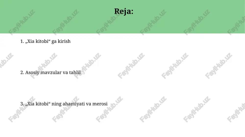 hi tufayli hokimiyatni boy bergan, bu sulola inqirozining boshlanishi bo'lgan. adabiy uslub va til xususiyatlari "kitob-ul-adob"da 7000 dan ortiq so‘z mavjud bo‘lib, ularda arabcha va forscha atamalar keng qo‘llaniladi. bu leksik boylik o‘sha davr adabiy uslubini ko‘rsatadi. ushbu asar 11 ta bobdan iborat bo'lib, har bir bobda pand-nasihatlar oddiy tilda, qisqa va lo'nda iboralar bilan ifodalangan. bu didaktik maqsadni ko'zlaydi. kitobning tarixiy haqiqiyligi masalalari 'xia kitobi'dagi shaxslar va voqealar arxeologik dalillar bilan to'liq tasdiqlanmagan, bu uning tarixiy haqiqiyligini bahslashuvli qiladi, ayniqsa dastlabki hukmdorlar davri. 'bambuk yozuvlari' va 'buyuk tarixchining yozuvlari' kabi keyingi matnlarda xia sulolasi tilga olinadi, lekin manbalarning ishonchliligi va mustaqilligi doimiy savol ostida qoladi. sya kitobi va keyingi avlodlarga ta'siri "xia kitobi" davlat boshqaruvi va axloqiy me'yorlar haqidagi muhim tushunchalarni o'z ichiga olganligi sababli, undan keyingi avlodlar siyosatchilari va olimlariga katta ta'sir ko'rsatdi. ushbu kitobda suv toshqinlarini boshqarish kabi muhim muammolarni hal qilishda yu buyukning qahramonligi aks etgan …