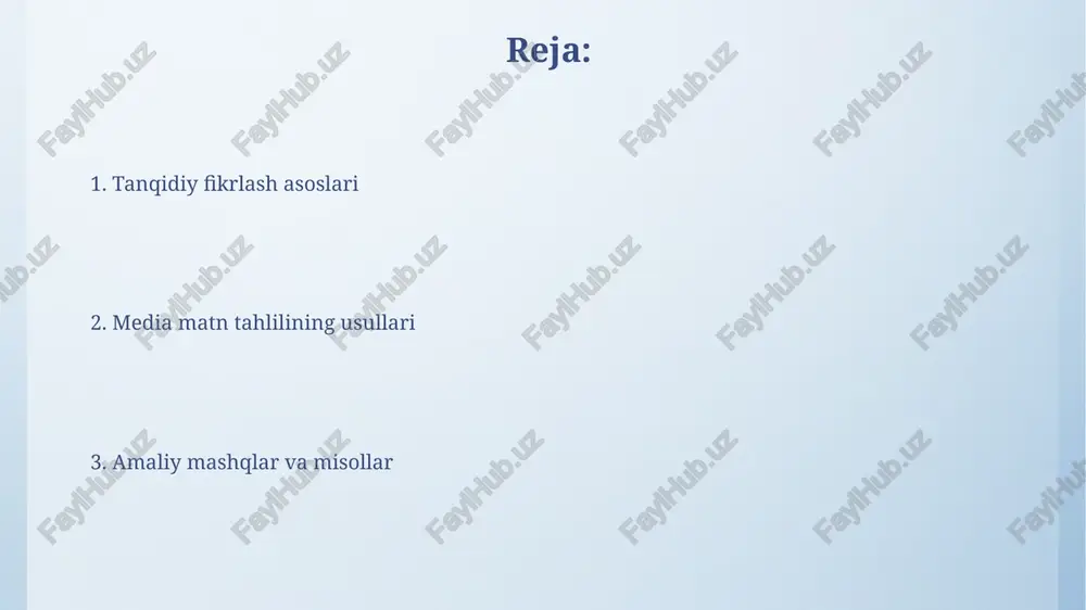 ng 1-darajali maqsadi uning matn yaratishdagi asosiy sababini aniqlaydi, masalan, 70% ma’lumot berish yoki 30% ko‘ngil ochish. maqsadni aniqlashda 5w1h (kim, nima, qachon, qayerda, nega, qanday) usuli matnning 80% asosiy ma'nosini ochib beradi. auditoriyani tahlil qilish auditoriyani tahlil qilish demografik koʻrsatkichlar (yosh, jins, daromad) va psixografik maʼlumotlar (qadriyatlar, turmush tarzi) orqali ehtiyojlarni aniqlashga yordam beradi. maqsadli auditoriyaning oʻziga xos xususiyatlarini, jumladan, ularning media isteʼmoli odatlari va texnologik savodxonlik darajasini hisobga olish muhimdir. matnning tuzilishini o'rganish matn tarkibini o'rganish orqali, 5w1h (who, what, when, where, why, how) savollariga javob topish, asosiy ma'lumotni aniqlashda muhim rol o'ynaydi. matn tahlilida diskurs tahlili orqali muallifning niyatini, auditoriyaga ta'sirini va ijtimoiy kontekstni 10 ta turli omillar yordamida baholash mumkin. til va uslubning roli til va uslub matnning ta'sirchanligini oshiradi, aniqrog'i, 10% dan 30% gacha, auditoriyaning e'tiqodini shakllantirishda muhim rol o'ynaydi. uslubiy vositalar, masalan, metafora va giperbola, matnning emotsionalligini taxminan 15-25% ga oshiradi va undan o'quvchining …