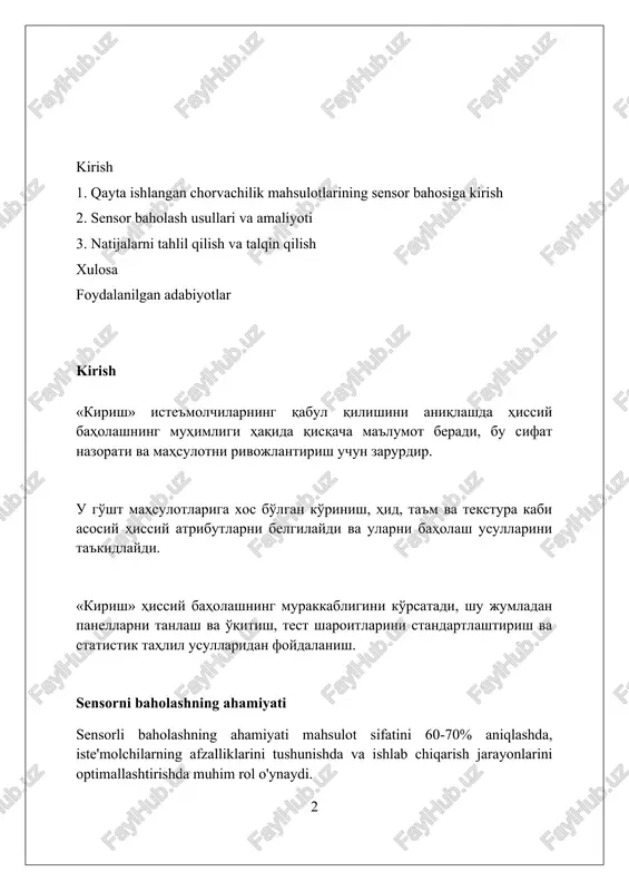 i) va tuxum kukuni (uzoq muddat saqlash uchun suvsizlantirilgan tuxum) kiradi. sensorni baholash usullari diskriminatsion usullar, masalan, uchburchak testi, ikkita-uchta testi, mahsulotlardagi sezilarli farqlarni aniqlash uchun 30-50 ta baholovchi ishtirokida o'tkaziladi. ta'riflovchi analiz, qda (quantitative descriptive analysis) kabi, 8-12 nafar malakali ekspertlar tomonidan mahsulotning 10-15 xil sensor xususiyatlarini baholashni o'z ichiga oladi. afzal ko'rish testlari, masalan, juftlik taqqoslash yoki reyting shkalalari, iste'molchilarning 60-100 kishilik guruhi tomonidan mahsulotlarning yoqimliligini baholash uchun qo'llaniladi. tashqi ko'rinishni baholash tashqi ko'rinishni baholashda mahsulotning rangi muhim ahamiyatga ega, masalan, go'shtning qizil rangi mioglobin miqdori va yangiligini ko'rsatadi, uning optimal diapazoni 6 dan 8 gacha bo'lishi kerak. mahsulotning shakli va o'lchami tashqi ko'rinishni baholashda muhim omil bo'lib, standart o'lchamlar va shaklga moslik mahsulot sifatining 70-80% ko'rsatkichidir. yuzaki tuzilish, masalan, sosiskalardagi burmalanishlar soni (odatda 3 dan 5 gacha) va yog'ning taqsimlanishi (3-5mm oraliqda), mahsulotning sifatini 90% aniqlashga yordam beradi. hidni baholash "hidni baholash"da 1-usul, to'g'ridan-to'g'ri baholashda mahsulotdan chiqqan …