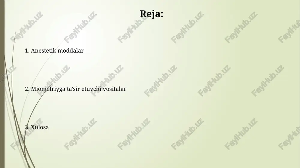 n keyin bachadonni tozalashda yoki tug'ruqni induktsiyalashda qo'llaniladi. oksitotsiklar oksitotsin 9 ta aminokislotadan iborat peptid gormoni boʻlib, miyaning gipotalamus qismida sintezlanadi va gipofizning orqa qismida saqlanadi, keyin esa qonga chiqariladi. oksitotsiklar bachadonning silliq mushaklari retseptorlariga ta'sir etib, miofibrillalarning kaltsiyga sezgirligini oshiradi, natijada ritmik qisqarishlar soni va kuchi ortadi. tokolitiklar tokolitiklar bachadon qisqarishini susaytiradi va odatda 20 dan 37 haftagacha bo'lgan muddatda erta tug'ish xavfini kamaytirish uchun ishlatiladi. magniy sulfat keng qo'llaniladigan tokolitik bo'lib, hujayra ichidagi kaltsiy ionlari kontsentratsiyasini kamaytirish orqali bachadon mushaklarini bo'shashtiradi. prostaglandinlar prostaglandinlar 20 uglerodli yog 'kislotalaridan hosil bo'lib, siklopentan halqasini o'z ichiga olgan eikosanoid lipidlar oilasiga tegishli. ular turli fiziologik jarayonlarda ishtirok etadi. pgf2α kabi ba'zi prostaglandinlar miyometriumning kuchli qisqarishiga olib keladi, shuning uchun tug'ruqni qo'zg'atish yoki tug'ruqdan keyingi qon ketishini nazorat qilish uchun ishlatiladi. anestetiklar va miyometriyaga ta'siri: klinik ahamiyati ba'zi inhalatsion anestetiklar, masalan, halotan, miometriumning qisqarishini sezilarli darajada susaytirishi mumkin, bu esa bachadon atoniyasi xavfini …