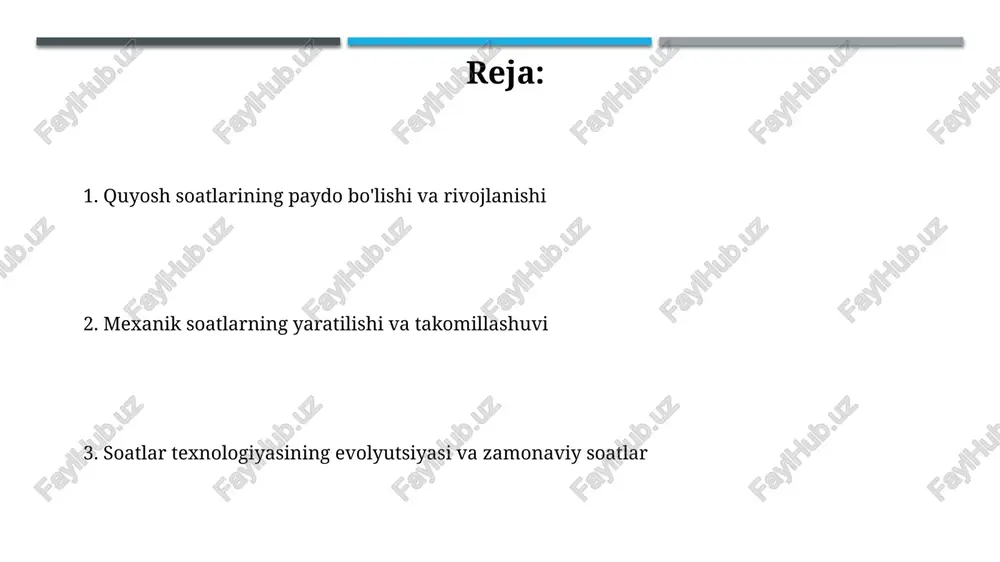 rzonroq materiallar, masalan, oddiy metall qotishmalari, soatlar korpusida va ichki qismlarida ishlatila boshlandi, bu esa ishlab chiqarish xarajatlarini 30-40% ga qisqartirdi. zamonaviy soatlar: raqamli davr 20-asrning oxirida raqamli soatlar led va lcd displeylaridan foydalanib, analog tergovichlarni siqib chiqardi, vaqtni aniq ko'rsatish bilan ajralib turardi. gps va mobil aloqa texnologiyalarining integratsiyasi raqamli soatlarga atom soatlari bilan sinxronlash imkonini berdi, bu sekundiga 1 milliarddan ortiq aniqlikni ta'minlaydi. e'tiboringiz uchun rahmat image2.jpg image3.jpg image4.jpg image5.jpg image6.jpg image7.jpg