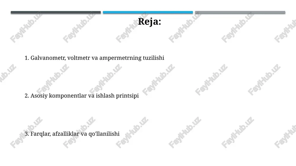 ing tuzilishi voltmeter tuzilishida yuqori qarshilikka ega bo'lgan qo'shimcha rezistor (ko'pincha ko'paytirgich deb ataladi) galvanometr bilan ketma-ket ulanadi, bu uning o'lchash diapazonini oshiradi. voltmeterning ishlash prinsipi shundaki, o'lchanayotgan kuchlanish qo'shimcha qarshilik va galvanometrdan o'tayotganda, oqim kuchlanishga proporsional bo'lib, o'lchash imkoniyatini beradi. voltmeterning ishlash printsipi voltmeterning ishlash printsipi parallel ulangan yuqori qarshilik orqali o'tadigan kichik tokni o'lchashga asoslangan, bu esa o'lchanayotgan zanjirga minimal ta'sir ko'rsatadi. voltmeterning asosiy printsipi oh qonuniga (v=ir) asoslangan: o'lchangan tok (i) ma'lum qarshilik (r) orqali o'tganda kuchlanish (v) bevosita aniqlanadi. voltmeter diapazonini kengaytirish voltmeter diapazonini kengaytirish uchun, unga ketma-ket qo'shimcha rezistor (ko'paytirgich) ulanadi, bu rezistorning qarshiligi voltmeterning ichki qarshiligidan ancha katta bo'ladi, odatda 9r, 99r, va hokazo. ko'paytirgichning qarshiligi (rm) voltajni necha marta (n) oshirish kerakligiga qarab hisoblanadi: rm = r(n-1), bu yerda r - voltmeterning ichki qarshiligi, n - diapazon kengaytirish koeffitsienti. ampermetr: vazifasi va qo'llanilishi ampermetrning vazifasi elektr zanjiridagi tok kuchini o'lchashdir, odatda amper (a), …