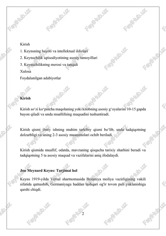 s inqilobi: umumiy nazariya «bandlik, foiz va pulning umumiy nazariyasi» (1936) klassik iqtisodiyotning toʻliq bandlikka avtomatik erishish gʻoyasini rad etib, talabning yetishmasligini asosiy muammo deb bildi. keynsning «umumiy nazariya»si davlatning iqtisodiyotga aralashuvini, xususan, fiskal siyosat orqali talabni ragʻbatlantirishni qoʻllab-quvvatlab, 1930-yillardagi buyuk depressiyaga javob boʻldi. kitobda investitsiya qarorlarining noaniqligi, hayvoniy ruhlar (animal spirits) va likvidlik afzalligi kabi psixologik omillarning iqtisodiy oʻzgarishlarga taʼsiri muhim ahamiyatga ega ekanligi taʼkidlangan. aggregate talab va uning tarkibiy qismlari agregat talab, asosan, iste'mol xarajatlari (taxminan 60-70%), investitsiyalar (15-20%), davlat xarajatlari (20-25%) va sof eksport (±5%) yig'indisidan iborat. iste'mol xarajatlari daromadga bog'liq bo'lib, iste'molga moyillik koeffitsiyenti (mpc) orqali ifodalanadi. mpc 0 dan 1 gacha qiymatga ega bo'lib, daromadning qancha qismi iste'molga yo'naltirilishini ko'rsatadi. investitsiya komponenti foiz stavkalariga teskari proporsionaldir. foiz stavkalari oshishi investitsiya xarajatlarini kamaytiradi, chunki qarz olish qimmatlashadi va loyihalar rentabelligi pasayadi. multiplier effekti ko'paytiruvchi effekt shuni ko'rsatadiki, avtonom xarajatlardagi o'zgarish yaimda undan kattaroq o'zgarishga olib keladi, …