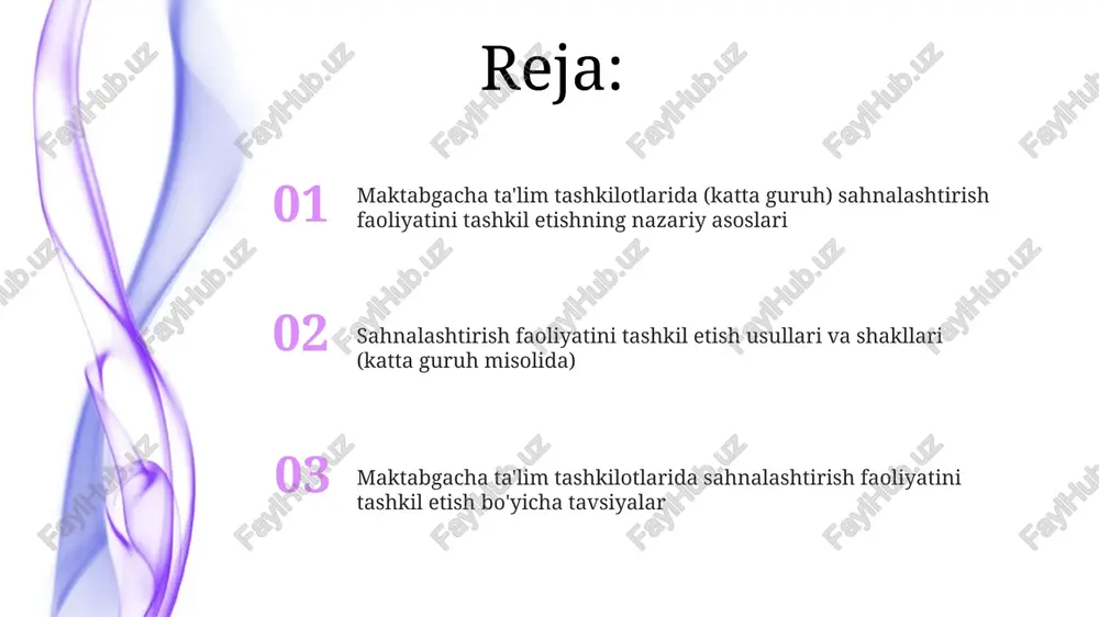 ish faoliyatining turlari va shakllari teatr tomoshalari, masalan, ertaklarni sahnalashtirish, 3-4 aktyor ishtirokida amalga oshiriladi, dekoratsiya va kostyumlar yordamida hikoyani vizual tarzda ifodalashga qaratiladi. sahnalashtirish faoliyatlarining turlariga rolli o'yinlar kiradi, bunda bolalar 2-3 ta personajni tasvirlab, dialoglar va harakatlar orqali hikoyani rivojlantiradilar. sahnalashtirish faoliyatini tashkil etish bosqichlari birinchi bosqich - tayyorgarlik: mavzuni tanlash, resurslarni aniqlash (kostyumlar, dekoratsiyalar), rollarni taqsimlash va ssenariy loyihasini tuzish kabi muhim vazifalarni o'z ichiga oladi. ikkinchi bosqich - repetitsiya: bolalar ssenariy bo'yicha rollarni o'rganadilar, nutq, harakatlar va mimikani mashq qiladilar, sahna ko'rinishlariga moslashadilar. rejalashtirish va tayyorgarlik rejalashtirishda 5-6 yoshli bolalar uchun o'yin faoliyatining maqsadlari, vazifalari va kutilayotgan natijalari aniq belgilanadi, har bir bosqich batafsil rejalashtiriladi. tayyorgarlik jarayonida 8-10 turdagi teatr liboslari, dekoratsiyalar, musiqa asboblari va turli xil materiallar bolalarning yosh xususiyatlariga mos ravishda tayyorlanadi. materiallar va jihozlar jihozlar orasida proyektor (1 dona), ovoz kuchaytirgichlar (2 dona) va mikrofonlar (kamida 2 dona) spektakllarning sifatini ta'minlaydi hamda bolalarning …