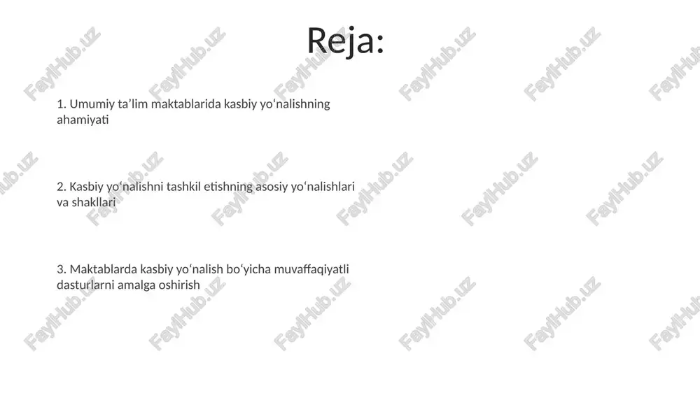 gilaydi. vazirlar mahkamasining 2019-yil 8-fevraldagi 102-son qarori kasbiy yo‘naltirish bo‘yicha davlat ta’lim standartlari va talablarini tartibga soluvchi muhim hujjat hisoblanadi. oʻquvchilarni kasbga yoʻnaltirishning asosiy yoʻnalishlari o'quvchilarni kasbiy qiziqishlarini aniqlash uchun 8-9 sinflarda diagnostik testlar va so'rovnomalar o'tkazish, shuningdek, kasbiy maslahatlar berish muhim ahamiyatga ega. maktablarda kasbiy yo'naltirish burchaklarini tashkil etish va ularni kasblar tavsifi, talabgor kasblar ro'yxati va o'quv yurtlari ma'lumotlari bilan ta'minlash zarur. kasbiy yoʻnaltirish shakllari va metodlari kasbiy o'yinlar va treninglar, 2-interaktiv metod sifatida, o'quvchilarning kasbiy ko'nikmalarini rivojlantirish hamda real vaziyatlarda amaliy tajriba orttirish imkoniyatini beradi. kasbiy maslahat berish suhbatlari, individual yondashuvni ta'minlab, o'quvchining qiziqishlari va qobiliyatlarini aniqlashga qaratilgan. bu 1-usul kasb tanlashda muhim ahamiyatga ega. kasb tanlashda oʻquvchilarning qiziqishlari va qobiliyatlarini aniqlash o'quvchilarning qiziqishlari orqali erta yo'naltirish uchun "qiziqish so'rovnomasi" (masalan, golland testlari) 12-14 yoshda ularning afzal ko'rgan faoliyat turlarini aniqlaydi. qobiliyatni aniqlashda "differential qobiliyatlar testlari" (dat) kabi vositalar 8 xil qobiliyatni o'lchaydi, jumladan, verbal, raqamli, abstrakt …
