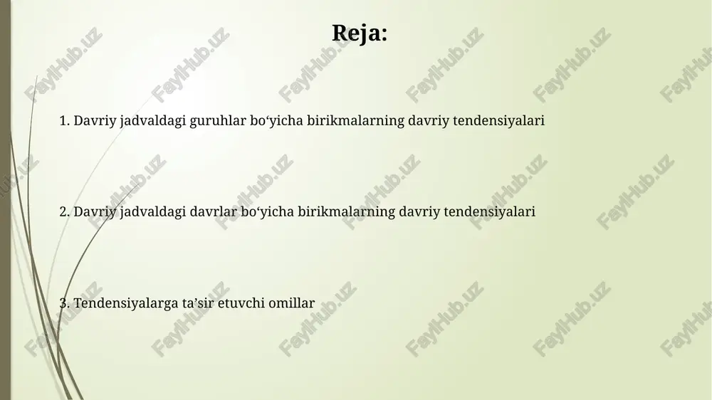 lik, ionlashish energiyasi, elektron yaqinligi, elektronegativlik) metallik xususiyat davriy jadvalda chapdan o'ngga kamayadi, chunki atom yadrosining zaryadi ortadi, natijada elektronlar kuchliroq tortiladi va elektron berish qobiliyati pasayadi. metallarning oksidlanish darajasi +1 dan +7 gacha ortadi. ionlanish energiyasi guruh bo'ylab yuqoridan pastga kamayadi, chunki tashqi elektronlar yadrodan uzoqlashadi va ularni ajratib olish osonroq bo'ladi. birinchi ionlanish energiyasi odatda 400 dan 2500 kj/mol gacha. trendlarning amaliy ahamiyati metall xossalarining ortishi davr bo'ylab chapdan o'ngga kamayadi, bu katalizatorlar va elektronika uchun metall birikmalarining tanlanishini belgilaydi. ionlash energiyasining davr bo'ylab ortishi va guruh bo'ylab kamayishi kimyoviy reaksiyalar uchun optimal harorat va bosimni aniqlashda muhim rol o'ynaydi. xulosa kimyoviy birikmalarning davriy xususiyatlari guruh va davr bo'yicha o'zgarishini aniqlash, 1869-yilda mendeleyev tomonidan yaratilgan davriy jadvalda aniq ifodalangan. elektromanfiylik va ionlanish energiyasi kabi atom xususiyatlari birikmalarning kimyoviy reaktivligini va bog'lanish turini aniqlashda muhim rol o'ynaydi, shuning uchun trendlarni kuzatish muhim. e'tiboringiz uchun rahmat image2.jpg image3.jpg image4.jpg image5.jpg …
