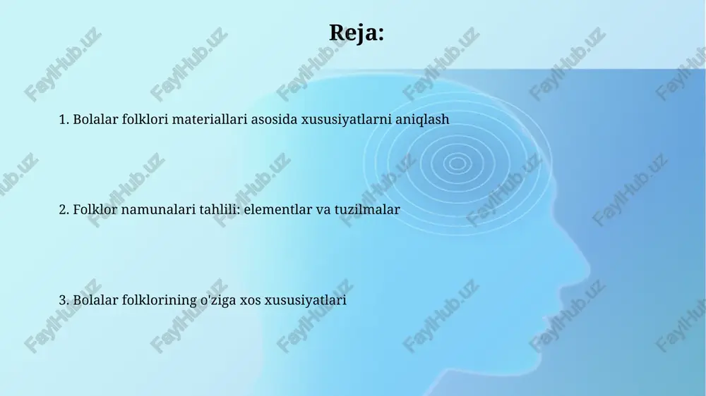 a, bu esa hikoyani bolalar uchun tushunarli qiladi. o'zbek ertaklarida sehrli raqamlar, masalan, 7, 40, bolalar tasavvurini boyitadi va voqealar rivojini tezlashtiradi, shuningdek, folklorga xos element hisoblanadi. qo'shiqlar: ritmi, ohangi va mavzulari qo'shiqlarning ritmi, odatda, oddiy va takrorlanuvchan bo'lib, bolalarga eslab qolishni osonlashtiradi; masalan, 4/4 yoki 2/4 o'lchovlar keng tarqalgan. qo'shiqlarning ohangi ko'pincha yuqori notalarda bo'lib, bolalarning ovoz diapazoniga mos keladi va ularda ko'tarinki kayfiyat uyg'otadi, aksariyat hollarda do-re-mi qatoridan foydalaniladi. topishmoqlar: tuzilishi va vazifalari topishmoqlar ikki qismdan iborat: savol (bayon) va javob (yechim). savol qismi 1-2 vazifani ifodalasa, yechim esa aniq narsani ko'rsatadi. tuzilishiga ko'ra, topishmoqlar 3 xil usulda yaratiladi: narsalarning o'xshashligini ta'kidlash, qarama-qarshilikni ko'rsatish va 4 ta asosiy belgini sanab o'tish. o'yinlar: qoidalari va ahamiyati o'yinlar, bolalar folklorining muhim qismi, qoidalar orqali 3-7 yoshdagi bolalarning ijtimoiy ko'nikmalarini shakllantiradi va jamoaviy hisni rivojlantiradi. o'yinlarda oddiy qoidalar mavjud bo'lib, 5-10 daqiqa davom etadi, ularning maqsadi 1-3 harakat orqali bolalarning diqqatini …
