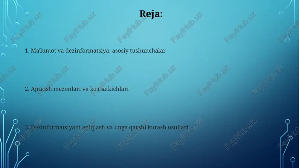 faktor. ma'lumotlarning yangiligi 1-darajali ahamiyatga ega. ikkilamchi manbalarga e'tibor bering: agar manba asl emas bo'lsa, uning asl manbaga havola qilganiga ishonch hosil qiling. faktlar boshqa ishonchli manbalar tomonidan tasdiqlanganmi, buni tekshirish kerak. faktlarni tekshirish usullari faktlarni tekshirishda manbalarning ishonchliligi muhim. masalan, .gov saytlari .com saytlariga qaraganda ko'proq ishonchli ma'lumot beradi, lekin har doim ham 100% kafolat yo'q. tasdiqlash uchun ko'p manbalardan foydalaning. agar bir faktni bir nechta mustaqil, ishonchli manbalar tasdiqlasa, uning to'g'riligi ehtimoli sezilarli darajada oshadi (95% dan yuqori). tasdiqlash va dalillar tasdiqlash, faktlar yoki dalillar 95% hollarda ma'lumotning haqiqiyligini isbotlaydi, lekin 5% hollarda noto'g'ri bo'lishi mumkin, shu sababdan tanqidiy fikrlash kerak. dalillar ilmiy tadqiqotlar, statistika, 70% holatlarda to'g'ri ma'lumot manbalari yoki ekspertlarning xulosalari kabi faktlarga asoslangan bo'lishi kerak. mantiqiy xatoliklar va manipulyatsiya usullari "somon odam" mantiqiy xatosi opponentning argumentini noto'g'ri talqin qilish orqali unga qarshi turishga urinadi, bu 0% haqiqatga to'g'ri kelmaydigan noto'g'ri talqindir. "argumentum ad populum" usuli, …
