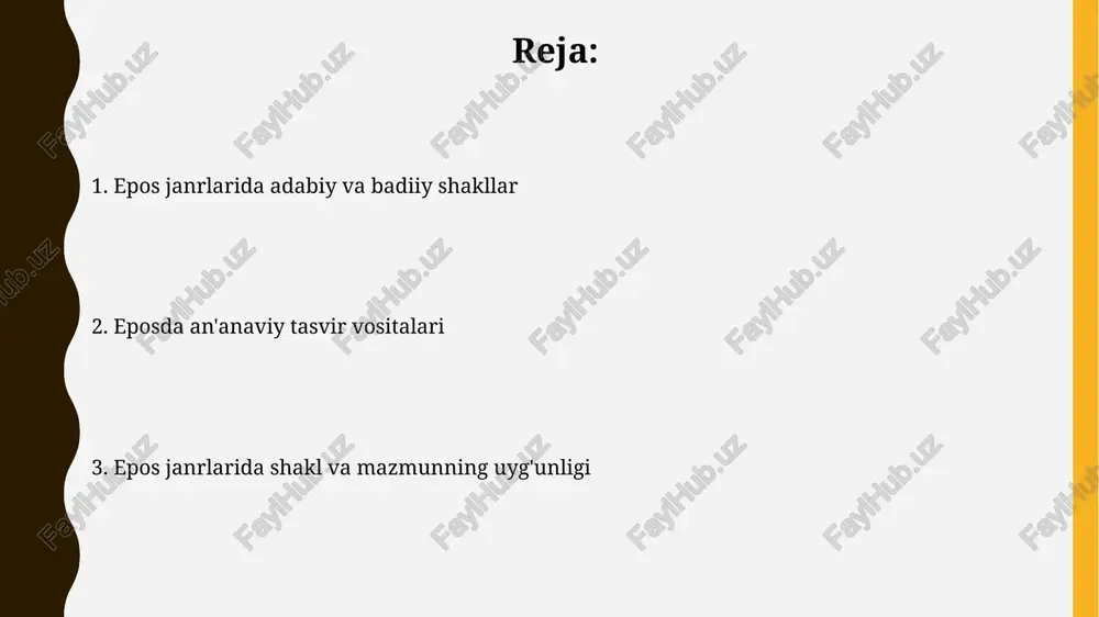 y usullari qahramonlar yaratishda idealizatsiya muhim ahamiyatga ega, ya'ni ular 100% yaxshi yoki 100% yomon bo'lishi mumkin, bu xarakterdagi aniqlikni oshiradi. epik qahramonlar odatda o'zlarining 3 ta asosiy xususiyatlari (masalan, kuch, aql, sadoqat) bilan ajralib turadi va bu ularning harakatlariga yo'nalish beradi. eposlarda til va uslub eposlarda ko'pincha arxaik so'zlar, masalan, 15-16-asrlarga oid leksik birliklar, qahramonlik ruhini oshirish va davr muhitini yaratish uchun ishlatiladi. giperbola, ya'ni bo'rttirish, eposlarda keng qo'llaniladi; masalan, qahramonning kuchini 100 barobar oshirib ko'rsatish, uning ahamiyatini ta'kidlaydi. badiiy tasvir vositalari: metafora, simile, giperbola metafora – obyekt xususiyatlarini boshqasiga ko‘chirish orqali yashirin taqqoslashdir, masalan, "oltin kuz"da "oltin" 2-xususiyat kuzga ko‘chirilgan. bu 1-san'at usuli. simile – ikki narsani "kabi", "go‘yo", "xuddi" so‘zlari orqali ochiq taqqoslashdir, masalan, "sher kabi kuchli". u 3-ta'sirchanlik vositasi hisoblanadi. ritual va mifologik elementlar rituallar, masalan, “alaslash” marosimi, doston qahramonlarining muvaffaqiyatini ta’minlash uchun 7 yoki 9 turdagi o’simliklar bilan amalga oshiriladi hamda yovuz ruhlarni quvishga yordam …
