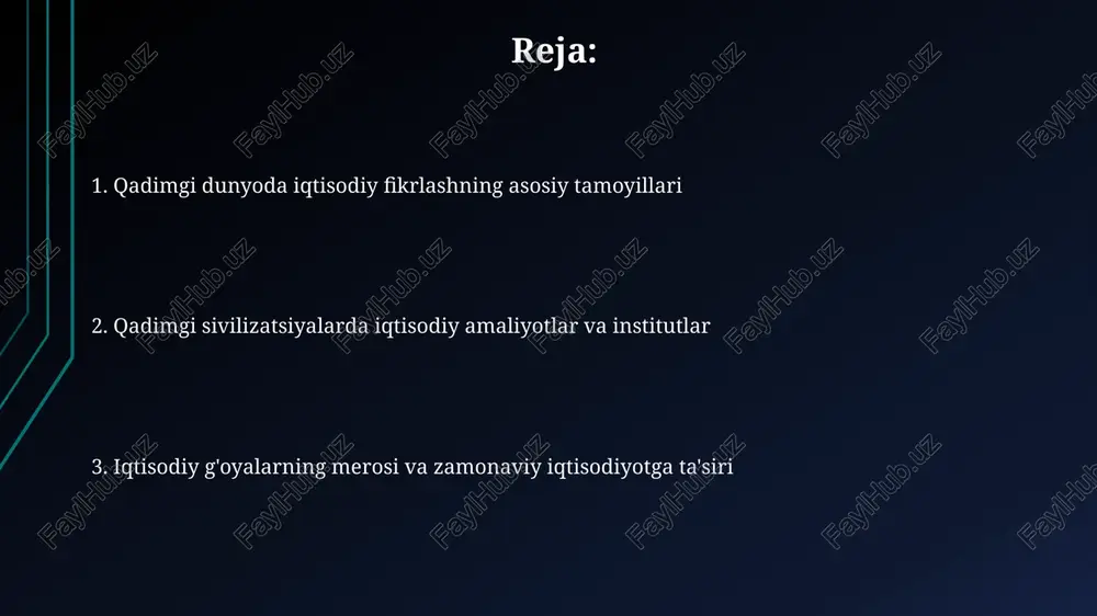 shloq xo'jaligi va chorvachilikni rivojlantirishga qaratilgan 4-asr siyosiy risolasi edi. qadimgi hindistonda mehnat taqsimoti kasta tizimi bilan belgilanib, har bir kasta ma'lum kasblar bilan shug'ullangan, bu esa iqtisodiyotning tashkiliy tuzilishiga ta'sir ko'rsatgan. qadimgi yunonistonda iqtisodiy qarashlar qadimgi yunonistonda yer egaligi muhim bo'lib, dehqonlar yerning 1/3 qismini egalik qilishgan, bu esa siyosiy va iqtisodiy hokimiyatning asosiy manbai hisoblangan. aristotel natural iqtisodiyotni himoya qilib, pulni tovar ayirboshlash vositasi sifatida ko'rgan va foiz olishni (riba) unumsiz faoliyat deb baholagan. platon va arastu iqtisodiyoti platon jamiyatni uch qatlamga ajratadi: ishlab chiqaruvchilar (dehqonlar, hunarmandlar), qo'riqchilar va faylasuflar-hukmdorlar, har biri o'ziga xos iqtisodiy rollari bilan. aristotel pulni faqat almashinuv vositasi deb hisoblagan va foiz olishni (ribo) qoralagan, chunki u pulni puldan ko'paytirishni, ya'ni tabiiy bo'lmagan daromad olishni anglatadi. rim iqtisodiyoti: qishloq xo'jaligi va savdo rim qishloq xo‘jaligi dehqonchilikka asoslangan bo‘lib, asosan don yetishtirishga qaratilgan edi. yer egaligi ijtimoiy-siyosiy maqomni belgilab, latifundiyalar katta plantatsiyalar sifatida rivojlangan. rim …