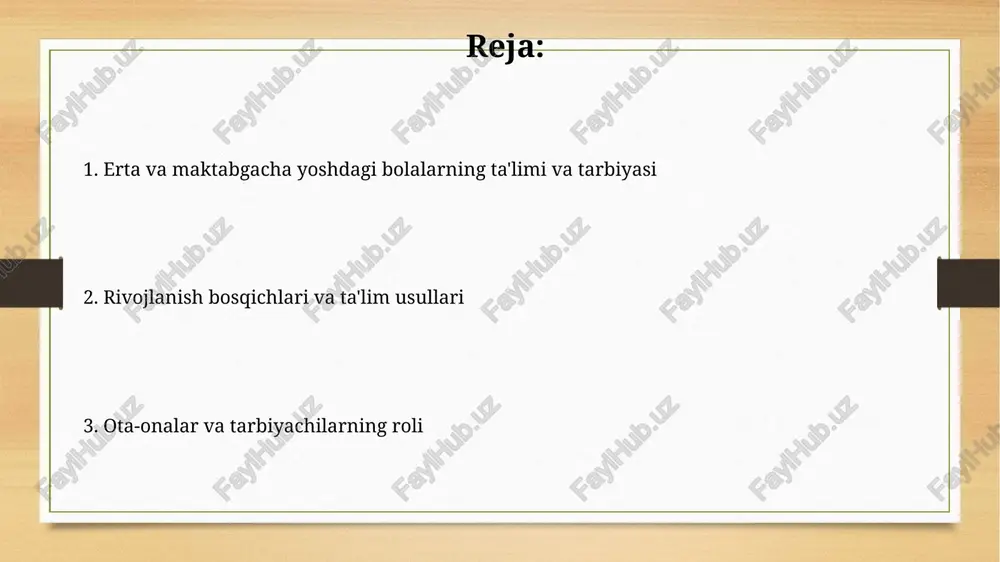 nlash, 4 ta asosiy ko'nikmani shakllantirish muhim. o'yin faoliyati: bolalar rivojida o'rni o'yin faoliyati, 3-5 yoshdagi bolalarning kognitiv rivojlanishiga sezilarli ta'sir ko'rsatadi, ularning muammolarni yechish va ijodiy fikrlash qobiliyatlarini oshiradi. rollarga asoslangan o'yinlar, bolalarga 2 yoki undan ortiq shaxslar bilan o'zaro munosabatlarni o'rganishga yordam beradi, empatiya va ijtimoiy ko'nikmalarni shakllantirishda muhim ahamiyatga ega. didaktik o'yinlar va ularning turlari didaktik oʻyinlar, 3-7 yoshdagi bolalar uchun moʻljallangan, sezgi organlari, aql-idrok va nutqini rivojlantirishga qaratilgan mashqlar yigʻindisidir. ularning turlariga misol: predmetli oʻyinlar (masalan, "rangini top"), stol usti bosma oʻyinlari (lotolar) va ogʻzaki didaktik oʻyinlar ("nima oʻzgardi") kiradi. nutqni rivojlantirish metodlari o'yin orqali nutqni rivojlantirishda, ayniqsa, 3-5 yosh bolalar uchun turli xil rolli o'yinlar, masalan, 'doktor' yoki 'do'kon' o'yinlari juda samarali hisoblanadi. barmoq o'yinlari bolaning mayda motorikasini rivojlantiradi, bu esa erta nutq rivojlanishiga yordam beradi. har bir harakat tovush bilan birga kelishi kerak (masalan, 'chapak-chapak'). ijodiy faoliyat: rasm chizish, loy bilan ishlash, aplikatsiya ijodiy …