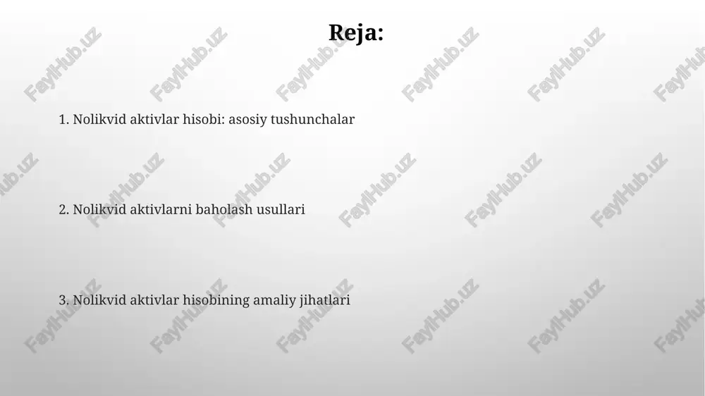 h kerak. qiyosiy tahlilda, masalan, ko'chmas mulkni baholashda, joylashuvi, hajmi va holati kabi omillar asosida moslashuv koeffitsientlari qo'llaniladi, bu esa qiymatni aniqlashtirishga yordam beradi. daromad usuli (diskontlashgan pul oqimi) daromad usuli kelajakdagi pul oqimlarining joriy qiymatini baholash uchun diskontlash stavkasini ishlatadi, bu stavka aktivning xavf darajasini aks ettiradi, odatda wacc (o'rtacha tortilgan kapital qiymati). diskontlangan pul oqimi (dpo) usuli aktivning qiymatini aniqlash uchun 5-10 yillik pul oqimlari prognozini tuzadi, so'ngra qoldiq qiymatini hisoblab, hammasini joriy qiymatga diskontlaydi. xarajat usuli (almashtirish qiymati) xarajat usuli (almashtirish qiymati) aktivni bozorda mavjud aktivga almashtirish xarajatini aniqlaydi, ya’ni 100 ta shunday aktivning narxi kelajakda 20% ga o’zgarishi mumkin. ushbu usul aktivning haqiqiy qiymatini baholash uchun qo’llaniladi, ayniqsa, aktiv bozor qiymatiga ega bo’lmaganda, masalan, 5 yildan ortiq ishlatilgan noyob uskunalarni baholashda. baholashdagi qiyinchiliklar va noaniqliklar bozor ma'lumotlarining yo'qligi aktivning adolatli qiymatini aniqlashda qiyinchilik tug'diradi, ayniqsa, uzoq muddatli prognozlar va diskont stavkalariga tayanilganda. transaksiyalar kamligi baholash noaniqligini …