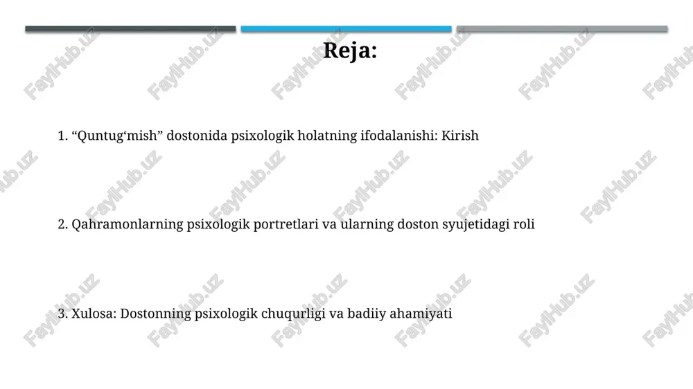 etish jarayoni, masalan, 2-bosqichda kuntugʻmish oʻz xatolarini tan olib, kechirim soʻrashi orqali ruhiy muvozanatga erishadi. dostonda psixologik realizmning o'ziga xos xususiyatlari dostonda personajlarning ichki kechinmalari, masalan, quntugʻmishning ruhiy iztiroblari 7 bosqichda tasvirlanadi, bu psixologik tahlilning chuqurligini koʻrsatadi. asarda qahramonlarning xatti-harakatlari, jumladan, toʻxtamishning 3 xil qarori, ularning ichki dunyosi bilan bogʻliq holda 10 ta motiv orqali realistik tarzda ochib berilgan. xulosa: “kuntugʻmish” dostonining psixologik ahamiyati “kuntugʻmish” dostoni, insoniy his-tuygʻularning 3 asosiy koʻrinishini (sevgi, nafrat, xiyonat) psixologik tahlil etadi, bu esa oʻquvchiga chuqur taʼsir koʻrsatadi. dostonda personajlarning ichki kechinmalari 5 asosiy psixologik omil (motivatsiya, eʼtiqod, xarakter, temperament, empatiya) orqali ochib beriladi. e'tiboringiz uchun rahmat image2.jpg image3.jpg image4.jpg image5.jpg image6.jpg image7.jpg image8.jpg