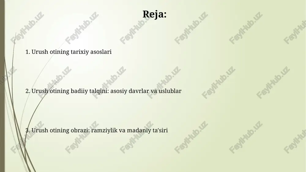 rqali aks ettiriladi. urush otining badiiy talqinining evolyutsiyasi dastlabki tasvirlarda, miloddan avvalgi 2000-yillarda, jangovar otlar, odatda, sodda, stilize qilingan shakllarda, kuch va tezlikni ifodalovchi ramz sifatida ko'rsatilgan. o'rta asrlarda, 1000-1500-yillarda, jangovar otlar ritsarlik idealining bir qismi sifatida olijanoblik va sadoqat timsoli sifatida badiiy tasvirlarda aks ettirilgan. e'tiboringiz uchun rahmat image2.jpg image3.jpg image4.jpg image5.jpg image6.jpg image7.jpg