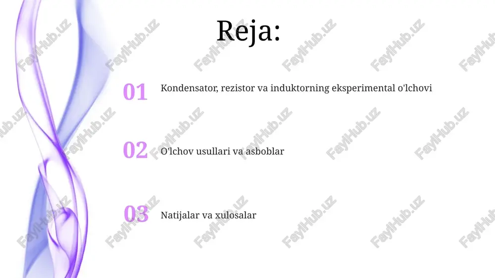 rqali impedansni hisoblash va undan sig'imni aniqlashga asoslangan. kondensator sig'imini o'lchash uchun ko'prik usuli keng qo'llaniladi, bunda noma'lum kondensator standart kondensator bilan solishtiriladi va wheatstone ko'prigiga o'xshash muvozanat nuqtasi topiladi. rezistorni o'lchash usullari ko'p usullar mavjud, jumladan, voltmetr-ampermetr usuli, ohmmeter yordamida to'g'ridan-to'g'ri o'lchash va wheatstone ko'prigi bilan aniqroq qiymatlarni aniqlash mumkin. yuqori qarshiliklarni o'lchash uchun megohmmeterdan foydalanish, unda yuqori kuchlanish qo'llaniladi, masalan, 500v dan 1000v gacha, izolatsiya qarshiligini tekshirish uchun. induktorni o'lchash usullari ko'prik usuli l va r ni aniq o'lchaydi. o'lchash aniqligi 0.1% ga yetishi mumkin, lekin chastota ta'sirini hisobga olish muhim. ko'prik sxemasida balansga erishish oson emas. q usuli induktivlikni o'lchashda rezonans hodisasidan foydalanadi. yuqori q qiymatli g'altaklarni o'lchashda juda mos keladi, lekin past q uchun xatolik sezilarli bo'lishi mumkin. o'lchash uskunalari va materiallari lcr metrlar sig'im, induktivlik va qarshilikni aniq o'lchaydi, odatda 0.1% aniqlikda, 100 hz dan 100 khz gacha chastota diapazonida ishlaydi. multimetrlar ac va dc …