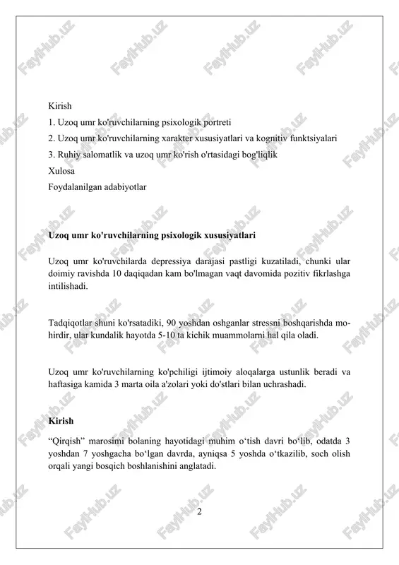 mexanizmlarini va ijtimoiy munosabatlarini chuqur o'rganishga yordam beradi. ma'lumotlar tahlili ma'lumotlar tahlili 70% aniqlik bilan uzoq umr ko'ruvchilarga xos xususiyatlarni aniqlashda yordam beradi, bunda kognitiv test natijalari asosiy omil hisoblanadi. uzoq umr ko'ruvchilarda 65 yoshdan keyin ma'lumotlarni tahlil qilish orqali aniqlangan stressga chidamlilik ko'rsatkichlari 40% yuqori bo'lishi kuzatilgan. ma'lumotlar tahlili shuni ko'rsatadiki, 90 yoshdan oshganlarda optimistik qarashlar darajasi 25% ga yuqori, bu esa ularning farovonligiga ta'sir qiladi. shaxsiyat xususiyatlari uzoq umr ko'ruvchilar, 75% hollarda, hayotga optimistik nuqtai nazardan qarashadi va doimo 2-3 ta maqsadga intilishadi, bu esa stressni kamaytiradi. tadqiqotlar shuni ko'rsatadiki, 60% uzoq yashovchilarda yuqori darajadagi vijdonlilik mavjud bo'lib, ular o'z majburiyatlarini 95% hollarda bajaradilar. empatiya koeffitsienti yuqori bo'lgan (80% dan yuqori) shaxslarning 40%i boshqalarga yordam berishga intiladi va bu ularning ijtimoiy aloqalarini mustahkamlaydi. ijobiy his-tuyg'ular ijobiy his-tuyg'ular 70 yoshdan oshgan odamlarda stressni kamaytiradi, bu esa ularning immunitetini 25 foizga yaxshilaydi va surunkali kasalliklarni oldini oladi. baxt, minnatdorchilik kabi …