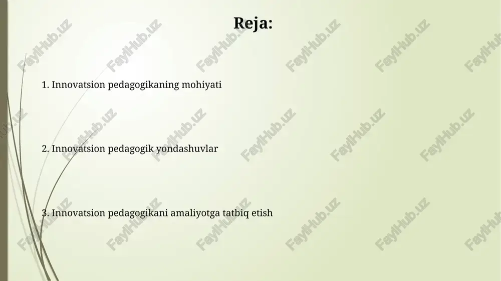 olarning oldini olish uchun 360 daraja yechim topishga zamin yaratadi. tanqidiy fikrlashni rivojlantirish uchun “sokrat savollari”dan foydalanish o’quvchilarni chuqurroq tahlil qilishga undaydi, bu orqali ular 6 ta asosiy savolga javob topishadi. innovatsion pedagogikaning afzalliklari va qiyinchiliklari innovatsion pedagogikaning afzalliklaridan biri - talabalarning 21-asr ko'nikmalarini (kreativlik, tanqidiy fikrlash) rivojlantirish, natijada 30% gacha yaxshi o'zlashtirish imkonini beradi. qiyinchiliklardan biri - o'qituvchilarning 75%i yangi texnologiyalarni o'zlashtirishda qiynalishi, qo'shimcha trening va 20% vaqt sarflashni talab qiladi. xulosa va kelajakdagi yo'nalishlar innovatsion pedagogikaga oid tadqiqotlar 2024-yilga kelib moslashuvchan o'quv muhitini yaratish uchun texnologiyalarni integratsiyalashni o'rganadi, shuningdek, baholashning yangi usullarini kashf etadi. kelajakda, o'qituvchilarni tayyorlash dasturlari 21-asr ko'nikmalariga (muammolarni hal qilish, tanqidiy fikrlash) e'tiborni kuchaytiradi, o'quvchilarning individual ehtiyojlarini qondirish uchun yangi usullarni izlaydi. e'tiboringiz uchun rahmat image2.jpg image3.jpg image4.jpg image5.jpg image6.jpg image7.jpg image8.jpg