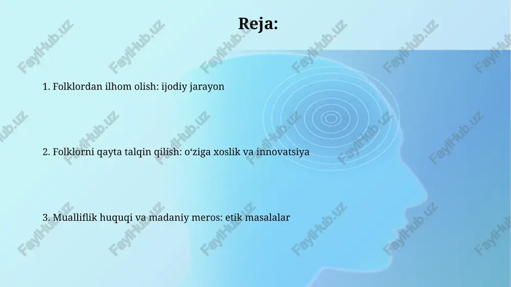 kurashining ramzi sifatida talqin qilingan. transformatsiya jarayonida 100 dan ortiq xalq ertaklari asosida zamonaviy fantastik asarlar yaratildi, ularda folklor elementlari yangicha uslubda namoyon bo'ladi. mavzularni folklordan olish va ularni yangicha talqin qilish ijodkor folklorni 20-asr adabiyotida yangicha ruhda talqin etib, an'anaviy qahramonlarga zamonaviy xususiyatlar berib, milliy o'zlikni saqlashga xizmat qiladi. folklordagi 12 ta doston motivlari asosida zamonaviy asarlar yaratish, ijodkorga o'tmishni bugungi kun bilan bog'lash, shu bilan birga yangi ma'no va mazmun kasb etishga imkon beradi. folklor motivlaridan foydalanishda mualliflik pozitsiyasi mualliflik pozitsiyasi folklor motivlarini qo'llashda 1) o'ziga xos talqin, 2) yangi ma'no yuklash va 3) zamonaviy kontekstga moslashtirish orqali namoyon bo'ladi. folklorning 7 asosiy unsuri (afsona, ertak, maqol, qo'shiq, raqs, marosim, urf-odat) muallif tomonidan 3 xil usulda (to'g'ridan-to'g'ri, bilvosita, allegorik) ishlatilishi mumkin. muallifning folklorni noto'g'ri talqin qilish xavfi mavzuning buzilishi 1)kontekstdan uzilgan folklorni yaratuvchi g'oyaviy maqsadlarga moslashtirsa, asl ma'no yo'qoladi. 2)buzilgan folklor asarning badiiy qiymatini pasaytiradi. stereotiplarni kuchaytirish 3)folklorning …