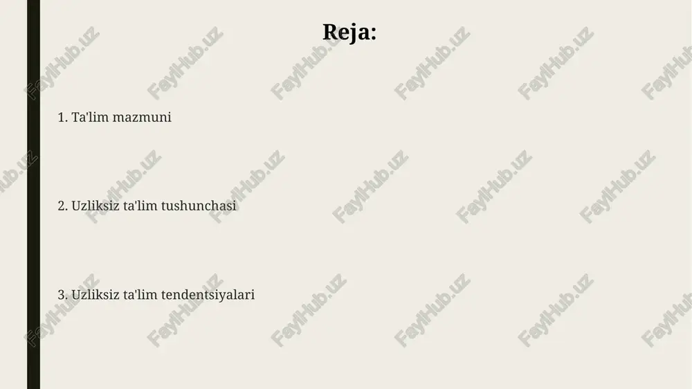 ing talablari va texnologik o'zgarishlar, ta'lim mazmunini 21-asr ko'nikmalariga moslashtirish zaruratini tug'diradi. ilmiy-texnik taraqqiyot, ya'ni fan va texnikaning rivojlanishi, o'quv dasturlariga yangi bilimlarni kiritishni va eski usullarni 30 foizga yangilashni talab qiladi. madaniy va milliy qadriyatlar, milliy o'zlikni saqlash va uni 40 foizga mustahkamlashga yo'naltirilgan ta'lim mazmunini aks ettirishi va kelajak avlodga yetkazishi muhimdir. uzliksiz ta'limning asosiy tamoyillari integratsiyalashganlik uzliksiz ta'limda muhim, ya'ni ta'limning har bir bosqichi (maktabgacha, umumiy o'rta, o'rta maxsus) keyingi bosqichga 3-bosqichga zamin yaratadi. uzliksiz ta'limning asosiy tamoyillaridan biri - shaxsning 1-raqamli ehtiyojlarini qondirish, 21-asr ko'nikmalarini rivojlantirish va hayot davomida o'rganishga yo'naltirishdir. demokratlashtirish tamoyili, 4-sonli qarorga muvofiq, ta'lim olish huquqini ta'minlash, inklyuzivlikni rag'batlantirish va ta'limni 5-raqamli shaxsiy ehtiyojlarga moslashtirishni anglatadi. uzliksiz ta'limning shakllari va modellari uzluksiz ta'limda kredit-modul tizimi muhim rol o'ynaydi. bu tizim o'quvchilarga o'z malakalarini oshirish imkoniyatini beradi. uzluksiz ta’lim shakllari rasmiy, norasmiy va informal turlarga bo'linadi, har biri ta'lim mazmuni, metodlari va baholash usullari …