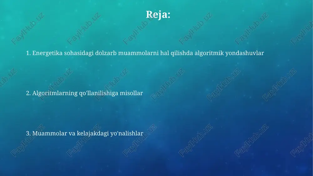 rilgan javob dasturlari orqali rag'batlantiradi. energiya tizimlarida nosozliklarni aniqlash va oldini olish aniq vaqtda ma'lumotlarni tahlil qilish orqali, masalan, har 5 daqiqada, algoritmlar anomaliyalarni aniqlab, potentsial uskunalar nosozliklarini oldindan ogohlantirishi mumkin. mashinaviy o'rganish modellari, jumladan neyron tarmoqlar, sensorlardan olingan katta hajmdagi tarixiy ma'lumotlar asosida nosozlik ehtimolini bashorat qila oladi, kamida 85% aniqlik bilan. energetika sohasida algoritmik yechimlarni amalga oshirish bo'yicha istiqbollar va muammolar algoritmlar bilan energiya iste'molini bashorat qilishda 15% gacha aniqlikka erishish mumkin, bu esa resurslarni optimal taqsimlash va 10% kamroq chiqindiga olib keladi. tarmoq barqarorligini saqlash uchun blokcheyn texnologiyasi bilan integratsiyalashgan algoritmik yechimlar, tranzaktsiyalarni 2 barobar tezroq bajaradi va xavfsizlikni 30% oshiradi. e'tiboringiz uchun rahmat image2.png image5.jpg image6.jpg image7.jpg image8.jpg image9.jpg image10.jpg