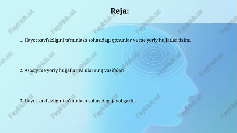ini olish va 338-son qarorga muvofiq sog'lom turmush tarzini targ'ib qiladi. favqulodda vaziyatlarning oldini olish bo'yicha chora-tadbirlar favqulodda vaziyatlarning oldini olish bo'yicha chora-tadbirlar jami 3 ta bosqichda amalga oshiriladi: oldindan ko'rish, baholash va kamaytirish. masalan, zilzilalarni monitoring qilish va xavf zonalarini aniqlash muhim. favqulodda vaziyatlarda aholi xavfsizligini ta'minlash uchun 20 dan ortiq normativ hujjatlar mavjud, jumladan, favqulodda vaziyatlar vazirligining buyruqlari va qarorlari. favqulodda vaziyatlarda harakat qilish tartibi favqulodda vaziyatlarda harakat qilish tartibi fuqarolarni himoya qilish maqsadida 28-sonli qonun bilan tartibga solinadi, unda asosiy vazifalar belgilab qo'yilgan. o'zbekiston respublikasi vazirlar mahkamasining 335-sonli qarori favqulodda vaziyatlar oqibatlarini bartaraf etishda davlat organlarining vazifalarini aniqlaydi. aholini himoya qilish usullari va vositalari aholini himoya qilishning asosiy usullaridan biri bu 16 yoshdan oshgan har bir kishi uchun majburiy bo'lgan fuqarolik mudofaasi bo'yicha o'quv kurslaridir. radiatsiya xavfi mavjud bo'lganda, aholi yashash joylaridan 5 km radiusda joylashgan maxsus boshpanalarga evakuatsiya qilinadi, ularning muhofaza darajasi yuqori. mehnatni muhofaza qilish …