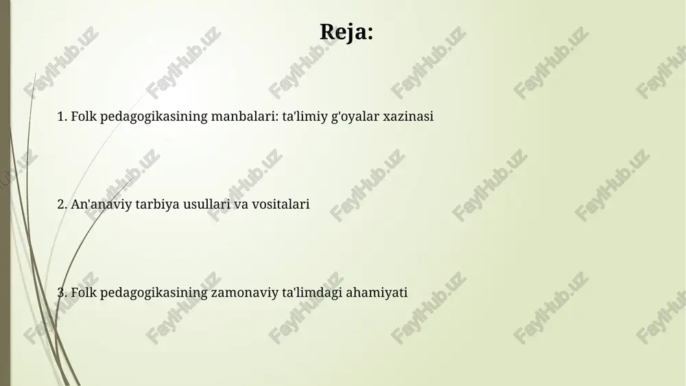 'yorlar singdiriladi, bu esa bolalarga namuna bo'ladi. ertaklar bolalarda 5 asosiy hissiyotni (qo'rquv, quvonch, g'azab, qayg'u, ajablanish) ifodalashni o'rgatadi va ularni 70-80% holatlarda ijobiy yechim bilan hal etishga undaydi. o'yinlarda aqliy va jismoniy rivojlanish o'yinlar orqali bolalar 10-12 yoshgacha bo'lgan davrda mantiqiy fikrlashni rivojlantiradi, masalan, 'aqlni charxlash' o'yinlari orqali strategik fikrlash qobiliyatini oshiradi. har bir o'yin jismoniy faollikni oshiradi: 'kurash' kabi o'yinlar 6-8 yoshli bolalarda kuch, tezlik va muvozanatni rivojlantirishga yordam beradi, 15% gacha muskullar rivojlanadi. xalq pedagogikasining zamonaviy ta'limdagi ahamiyati xalq pedagogikasining 1000 yillik merosi zamonaviy ta'limda axloqiy tarbiyani kuchaytirish, milliy qadriyatlarni singdirish va shaxsning ma'naviy kamolotiga erishishda muhim ahamiyatga ega. bugungi kunda xalq pedagogikasi, ayniqsa, 7 yoshgacha bo'lgan bolalarni tarbiyalashda, oilaviy munosabatlarni mustahkamlashda va jamiyatda sog'lom muhit yaratishda bebaho vosita hisoblanadi. e'tiboringiz uchun rahmat image2.jpg image3.jpg image4.jpg image5.jpg image6.jpg image7.jpg image8.jpg