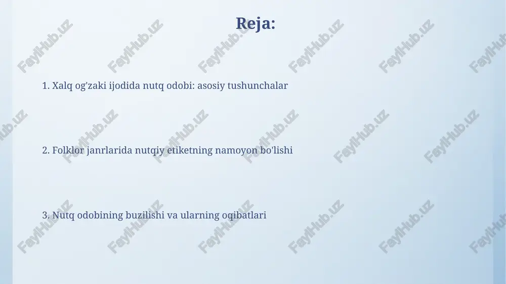 hi, tinglovchi va 5 ta muhim ma'lumot almashinuvi. tinglovchi faol boʻlishi, fikr bildirish, savol berish orqali ishtirok etishi kerak. hikoyalar va rivoyatlarda nutq odobi: qahramonlarning xarakterini ochish hikoyalarda qahramonlar nutqi ularning 1-darajali xususiyatlarini aks ettiradi, masalan, so'kish so'zlaridan foydalanish past tabaqani ko'rsatishi mumkin. rivoyatlarda ishlatilgan murakkab til uslubi 2-darajali qahramonning yuqori ijtimoiy mavqeini va bilimdonligini ko'rsatadi, bu orqali uning fazilatlari ochiladi. xulosa: ogʻzaki ijodning nutq odobiga ta'siri va ahamiyati ogʻzaki ijod 1)nutqning obrazliligini oshiradi; 2)maqollar, topishmoqlar orqali fikrni ixcham ifodalashga oʻrgatadi; 3)tinglovchiga ta’sir kuchini oshiruvchi vosita sifatida xizmat qiladi. ogʻzaki ijodda 1)sodda va ravon til; 2)ommaga tushunarli uslub; 3)muloqotda hurmat va ehtiyotkorlik tamoyillari nutq odobining asosiy unsurlari hisoblanadi. e'tiboringiz uchun rahmat image4.png image6.jpg image7.jpg image8.jpg image9.jpg image10.jpg image11.jpg image12.jpg image3.jpeg