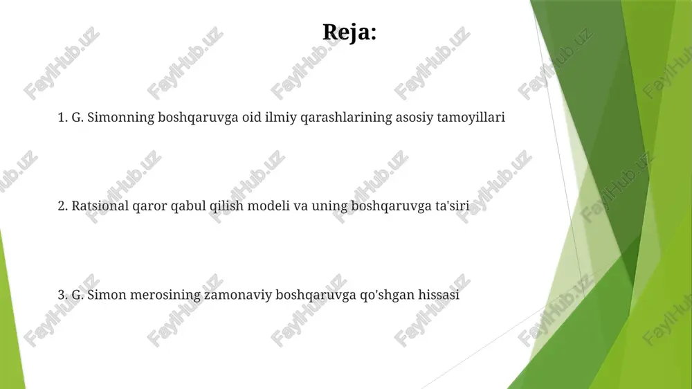 ficing) tushunchasi 1950-yillarda gerbert saymon tomonidan ishlab chiqilgan bo'lib, optimallashtirish o'rniga maqbul yechim topishni anglatadi. saymon fikricha, odamlar 100% ideal yechimni topishga urinish o'rniga, minimal talablarga javob beradigan 80% yechimga rozi bo'lishadi. tashkilot nazariyasiga qo'shgan hissasi simon qaror qabul qilish nazariyasini takomillashtirdi, bu tashkilotlar strategik qarorlar qabul qilishda "cheklangan ratsionallik" tushunchasidan foydalanishini ta'kidlaydi. u tashkilotlarda qaror qabul qilish jarayonida axborotning ahamiyatini ko'rsatdi va "qoniqarli yechim" konsepsiyasini ilgari surdi, ideal emas, maqbul natijaga erishish muhimligini aytadi. ma'muriy xulq-atvor modeli "ma'muriy xulq-atvor modeli" qaror qabul qilishning ratsionallik chegaralarini, insonning kognitiv cheklanganligi sababli optimal emasligini ta'kidlaydi, 1947-yilda yaratilgan. model tashkilotdagi xodimlarning xatti-harakatlarini tushuntirish uchun "qoniqarlilik" tamoyilini kiritadi, ya'ni ideal echim o'rniga "yetarli darajada yaxshi" bo'lgan yechimni qidirishadi. dasturlashtirilgan va dasturlashtirilmagan qarorlar dasturlashtirilgan qarorlar takrorlanuvchi vaziyatlarda avtomatik ravishda qabul qilinadi, masalan, inventar nazoratida qayta buyurtma berish nuqtasi qoidasi qo'llanilganda. dasturlashtirilmagan qarorlar yangi, noaniq vaziyatlarda talab qilinadi, odatda top-menejment tomonidan, strategik yo'nalish yoki katta investitsiyalar …