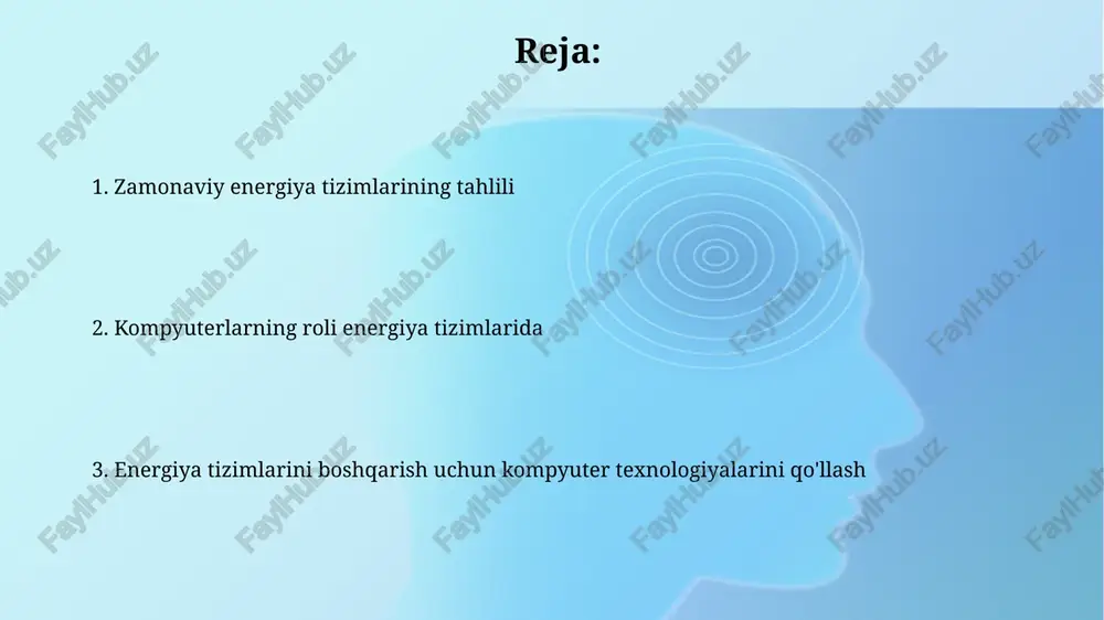 atematik modellari 500 kv yuqori kuchlanishli liniyalarning holatini bashorat qilish va xatoliklarni aniqlash uchun ishlatiladi, ishonchli boshqaruvni ta'minlaydi. energetika tizimlarida kompyuterlar yordamida boshqaruv va optimallashtirish kompyuterlar scada tizimlarida real vaqtda ma'lumotlarni yig'ish, uzatish, va tahlil qilish orqali energiya ta'minotini barqarorlashtiradi va optimal rejimni ta'minlaydi, shu bilan 15-20% foydani oshiradi. energetika tizimida kompyuterlar orqali aktiv quvvatni boshqarishning avtomatik boshqarish tizimlari (agc) chastota va tarmoq voltajini 50hz dan 0.05hz ichida ushlab turish uchun kerak. elektr energetika tizimlarining kelajagi: kompyuter texnologiyalarining rivojlanishi kelajakda yuqori o'tkazuvchanlikdagi 1000 kv va undan yuqori kuchlanishli liniyalarda energiya uzatish samaradorligini kompyuterlar orqali optimallashtirish kutilmoqda. sun'iy intellektga asoslangan kompyuter tizimlari, 7/24 rejimida elektr energetika tizimidagi nosozliklarni 95% aniqlikda oldindan aniqlash va bartaraf etishga yordam beradi. e'tiboringiz uchun rahmat image3.jpg image4.jpg image5.jpg image6.jpg image7.jpg image8.jpg image1.png