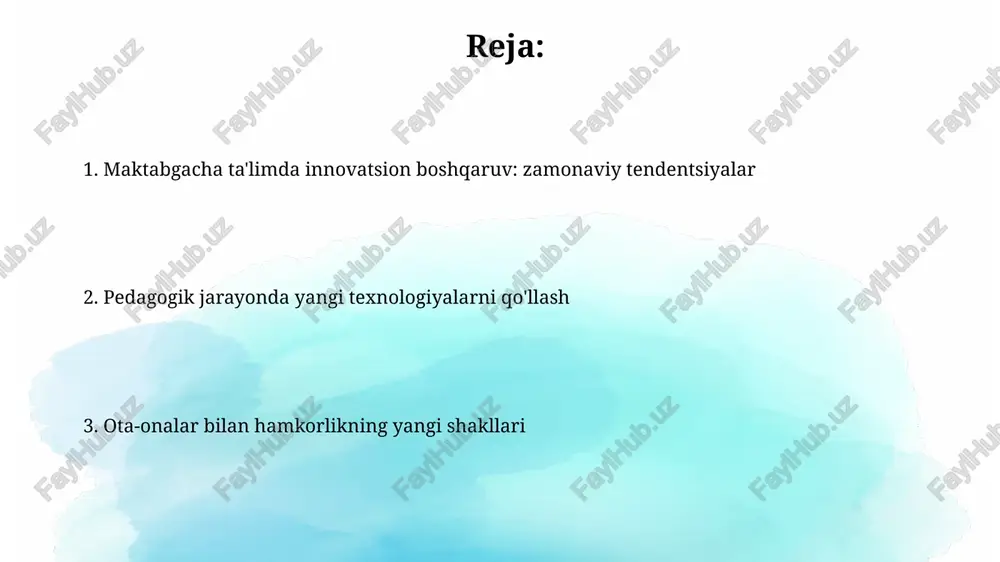qaratilgan bo'lib, bolalarga tanqidiy fikrlash va muammolarni hal qilish qobiliyatlarini shakllantirishda yordam beradi. steam (fan, texnologiya, muhandislik, san'at, matematika) yondashuvi kabi texnologiyalar bolalarda ijodkorlikni oshiradi va real hayotiy vazifalarni simulyatsiya qilish orqali amaliy ko'nikmalarni rivojlantiradi. o'yin texnologiyalarining roli o'yin texnologiyalari 3-6 yoshli bolalarning ijodiy qobiliyatini rivojlantirishda muhim rol o'ynaydi, ularga yangi g'oyalarni sinab ko'rish imkonini beradi. o'yinlar orqali bolalar 21-asr ko'nikmalarini, masalan, muammolarni hal qilish va guruhda ishlashni o'rganadi, bu ularning kelajakdagi muvaffaqiyatiga zamin yaratadi. loyihalash metodining qo'llanilishi loyihalash metodi 3-7 yoshli bolalarga real muammolarni hal qilishda, masalan, "bog'imizga qush uyi yasaymiz" loyihasida amaliy ko'nikmalarni shakllantirishga yordam beradi. loyihalash bosqichlari: 1-bosqich – mavzuni tanlash, 2-bosqich – maqsadni belgilash, 3-bosqich – rejalashtirish va 4-bosqich – natijalarni taqdim etish, bolalarni faol ishtirok etishga undaydi. steam ta'lim yondashuvi steam ta'limi 5 ta fanni (fan, texnologiya, muhandislik, san'at, matematika) integratsiyalash orqali 21-asr ko'nikmalarini shakllantirishga qaratilgan o'quv yondashuvidir. steam darslari bolalarga muammolarni hal qilish, tanqidiy …