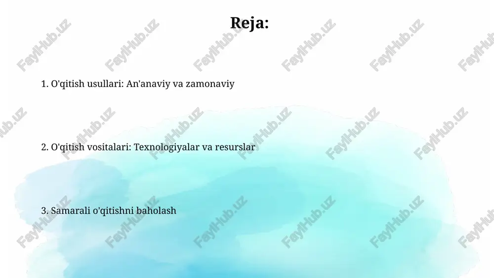 asturiy ta'minot va ilovalar ta'limda dasturiy ta'minot o'quv materiallarini interaktiv taqdim etishga yordam beradi, masalan, 3d modellashtirish dasturlari orqali murakkab tushunchalarni vizualizatsiya qilish imkonini beradi. ilovalar talabalarga bilim olishda mustaqil bo'lishga yordam beradi, masalan, duolingo til o'rganish ilovasi yoki khan academy matematikani o'rganish platformasi. multimedia vositalari multimedia vositalari, masalan, interaktiv doskalar, dars jarayonida vizual ma'lumotlarni taqdim etish orqali o'quvchilarning diqqatini jamlashga yordam beradi va o'zlashtirish darajasini oshiradi. audio-vizual materiallar, shu jumladan, videokliplar va podkastlar, talabalarga mavzuni turli xil perspektivalar orqali tushunishga imkon beradi, bu esa 70% gacha xotirani yaxshilaydi. baholash usullari va vositalari baholash usullarida rubrikalar talabalarning ishlashini aniq mezonlar asosida baholash uchun ishlatiladi, har bir mezon uchun 1 dan 5 gacha ball beriladi. portfel baholash talabalarning muayyan davrdagi ish namunalarini, masalan, insholar, loyihalar va testlarni to'plash orqali ularning o'sishini ko'rsatadi. o'qitish usullarini tanlash o'qitish usullarini tanlashda 7-sinf o'quvchilarining kognitiv rivojlanish darajasini hisobga olish muhim, chunki bu ularning mavzuni 60% …