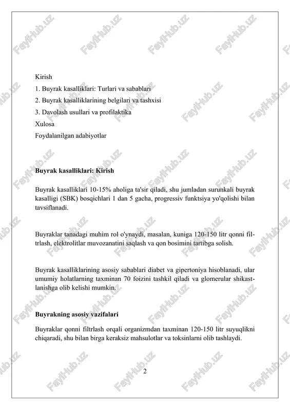 , dializ yoki buyrak ko'chirib o'tkazishni talab qiladi. surunkali buyrak kasalligi (sbk) sbk 5 bosqichga bo'linadi, 1-bosqichda buyrak shikastlanishi mavjud, ammo funktsiyasi normal (gfr ≥90 ml/min), 5-bosqich esa buyrak yetishmovchiligi (gfr 15 ml/min) hisoblanadi. qandli diabet va gipertoniya sbkning asosiy sabablaridan ikkitasidir, ular buyrak tomirlariga zarar yetkazib, glomerulyar filtratsiyani pasaytiradi va albuminuriya rivojlanishiga olib keladi. sbk bilan og'rigan bemorlarda yurak-qon tomir kasalliklari xavfi 10-20 barobar yuqori bo'ladi, bu holatda qon bosimini nazorat qilish va xolesterin miqdorini kamaytirish juda muhim. o'tkir buyrak shikastlanishi (obs) o'tkir buyrak shikastlanishi (obs) tez rivojlanadi, buyrak funktsiyasi soatlab yoki kunlar ichida yo'qoladi, qonda kreatinin darajasi 0.3 mg/dl dan oshib ketishi mumkin. obs ning asosiy sabablari buyraklarga qon yetishmasligi (ishhemiya), toksinlar ta'siri (nefrotoksinlar), yallig'lanish (glomerulonefrit) bo'lib, har xil yoshdagi odamlarda uchraydi. obs diagnozi siydik tahlili, qon tekshiruvlari (elektrolitlar, kreatinin, qon zardobidagi mochevina), buyrak ultratovush tekshiruvi va ba'zida buyrak biopsiyasi orqali qo'yiladi. buyrak toshlari buyrak toshlarining tarkibi har …