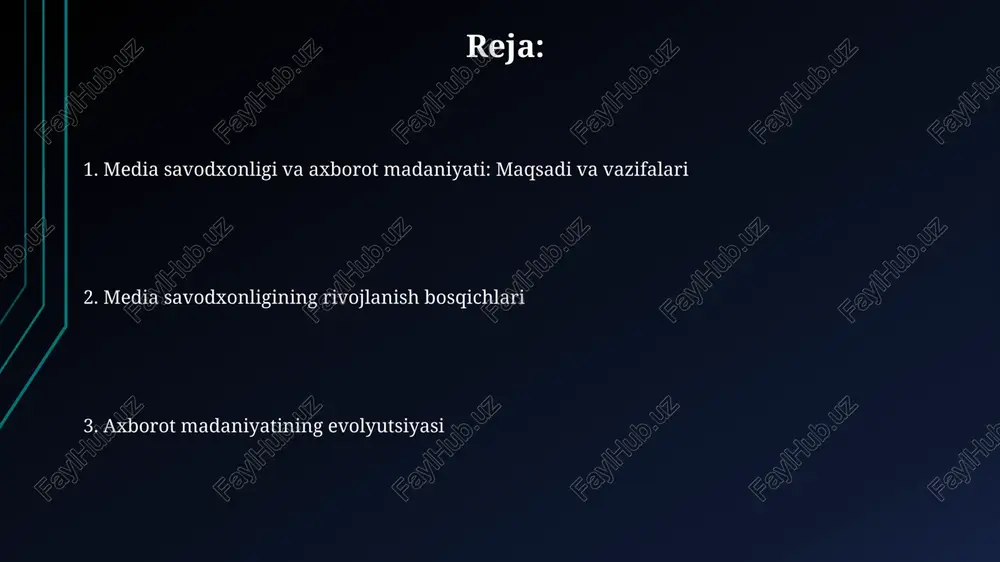 xborot vositasi 7/24 ishlayotgan vaqtda axborotning to'g'riligini ta'minlashi kerak. media savodxonligining evolyutsiyasi: tarixiy nuqtai nazar 19-asr oxirida jurnalistika rivojlanishi, faktlarni tekshirish zaruratini keltirib chiqardi. ta’lim orqali o’quvchilarda axborotni tanqidiy baholash ko’nikmalari shakllantirildi. xx asr o’rtalarida televidenie paydo bo'lishi bilan vizual axborotni tahlil qilish qobiliyati muhim ahamiyat kasb etdi. media tahlilchilari manipulyatsiya usullarini aniqlashga harakat qilishdi. axborot texnologiyalari va media savodxonligi axborot texnologiyalari 21-asrda media savodxonligini rivojlantirishda muhim rol o'ynaydi, chunki odamlar internetdan ma'lumot olish va tarqatish uchun foydalanadilar. media savodxonligi axborot texnologiyalaridan foydalanishni baholash, tahlil qilish va yaratish qobiliyatini o'z ichiga oladi hamda tanqidiy fikrlashni rivojlantiradi. tanqidiy fikrlash ko'nikmalarini rivojlantirish kritik fikrlash, 1-bosqichda, argumentlarni aniqlashni talab etadi, ya'ni dalillarni baholash uchun asos yaratadigan xulosalar va sabablarni tushunish. muammolarni hal qilishda 2-usul - bu dalillarni tahlil qilish, xatolarni izlash va ishonchlilikni baholash, bias va 3-tomon manbalarini hisobga olish. axborotni baholash usullari manbaning ishonchliligini baholashda, muallifning tajribasi va obro'si, nashr etilgan sanasi …