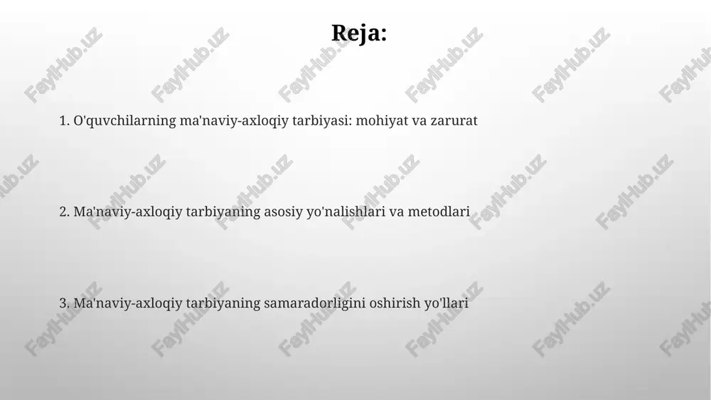 hayoti va merosini o‘rganish orqali axloqiy ideallarni shakllantirishga yordam beradi. “rollarni o‘ynash” texnikasi, dars jarayonida talabalarga 5-7 daqiqa davomida axloqiy dilemmalarni hal qilish uchun vaziyatlarni ijro etish imkoniyatini beradi. sinfdan tashqari mashg'ulotlarda ma'naviy-axloqiy tarbiya sinfdan tashqari tadbirlar orqali 'milliy g'urur' tushunchasini shakllantirish, o'quvchilarda 14 yoshdan boshlab vatanparvarlik tuyg'usini rivojlantirishga yordam beradi, bu muhim axloqiy tamoyildir. adabiyot va san'at to'garaklari 10-12 yoshdagi o'quvchilarda 'ezgu maqsadlar' tamoyilini singdiradi, bu orqali insoniylik va mehr-shafqat kabi axloqiy fazilatlarni oshiradi. oilaning ma'naviy-axloqiy tarbiyadagi roli oilada erta yoshdan boshlab 5-7 yoshgacha bo'lgan davrda bolalarning axloqiy me'yorlari, andozalari shakllantiriladi, yaxshi va yomon tushunchalari singdiriladi. ota-onaning shaxsiy namunasi, o'zaro munosabatlari, ibratli xulq-atvori bolaning ma'naviy kamolotiga 70-80% ta'sir ko'rsatadi, shuningdek, uning kelajagiga yo'l ochadi. o'qituvchining ma'naviy-axloqiy fazilatlari o'qituvchi 1-namuna bo'lishi, shaxsiy namunasi orqali o'quvchilarda 100% ma'naviy-axloqiy sifatlarni shakllantirishi, ularga ibrat bo'lishi kerak. pedagogning 8 ta asosiy axloqiy me'yorlari: adolat, insonparvarlik, halollik, sadoqat, andisha, xushmuomalalik, o'ziga talabchanlik va 100% mas'uliyat. …