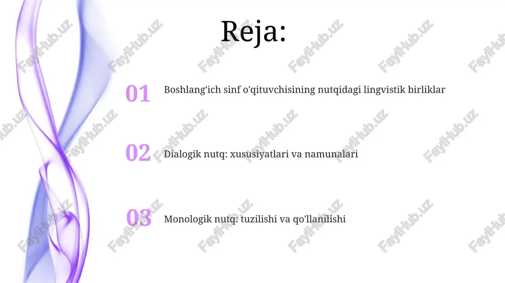 leksikasi 5000 dan 10000 tagacha so'zni o'z ichiga olishi mumkin, bu yoshga mos tushuntirishlar uchun oddiy so'zlarning keng doirasini ta'minlaydi. sintaksis sintaksisda gap bo'laklari, masalan, ega, kesim va to'ldiruvchi kabi elementlarning o'zaro munosabatlari 10 turli model asosida o'rganiladi, ularning o'rni muhim. sintaktik tahlil 3 darajali tuzilishni ochib beradi: so'z birikmasi, oddiy gap va murakkab gaplar, ularning har biri 5 xil aloqa vositasiga ega bo'lishi mumkin. dialogik nutqning ta'rifi dialogik nutq – kamida ikki shaxs ishtirokida yuzaga keladigan, savol-javob, bahs-munozara kabi 2 tomonlama aloqaga asoslangan nutq shakli, unda fikr almashinuvi muhim. dialogik nutqda replikalar ketma-ketligi, 1-sherikning so'zlari 2-sherikning javobini keltirib chiqaradi, bu esa 1+1=2 dan ortiq ma'lumot olish imkonini beradi. dialogik nutqning xususiyatlari dialogik nutq, monologdan farqli ravishda, grammatik jihatdan to'liq bo'lmagan gaplardan, takrorlardan va 10tagacha bo'lgan to'ldiruvchi so'zlardan foydalanishi mumkin, bu tabiiylikni oshiradi. dialogik nutqda 2 yoki undan ortiq ishtirokchilar o'rtasida savol-javob, fikr almashish kabi faol almashinuv jarayoni sodir bo'ladi, …