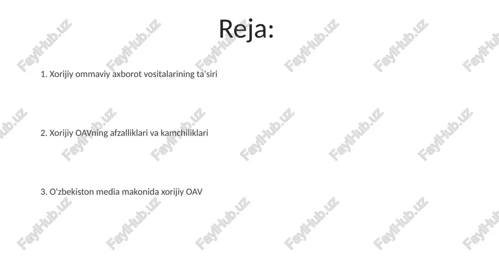 soblanadi. global axborot oqimida xorijiy oavning o'rni xorijiy oav global axborot oqimida muhim rol o'ynaydi, turli xil nuqtai nazarlarni taqdim etib, mahalliy oavlar tomonidan yoritilmagan 30% gacha mavzularni qamrab oladi. transmilliy media kompaniyalari, masalan, bbc va cnn, dunyo bo'ylab axborot tarqatishda dominantlik qiladi, 65% gacha xorijiy yangiliklar kontentini shakllantiradi. xorijiy oavning ta'siri, ayniqsa, davlat nazorati kuchli bo'lgan mamlakatlarda seziladi, u erda senzura holatlari 40% ga kamayishi mumkin. xorijiy oavning madaniy va ijtimoiy ta'siri xorijiy oav madaniy moslashuvni tezlashtiradi, lekin milliy qadriyatlarning yo'qolish xavfini 30% ga oshiradi, ayniqsa yosh avlod orasida. chet el oavlari jamiyatda tolerantlikni rivojlantiradi, lekin 15% hollarda madaniy stereotiplarni mustahkamlaydi, ayniqsa gender va etnik masalalarda. xorijiy kontentning keng tarqalishi 25% hollarda mahalliy san'at va media mahsulotlariga bo'lgan qiziqishning pasayishiga olib kelishi mumkin. xorijiy oavni tartibga solish: global amaliyot ko'pgina davlatlar oavni litsenziyalash orqali tartibga soladi, bu esa translyatsiya spektrini nazorat qilish va xorijiy kontentga kvotalar o'rnatish imkonini beradi, …
