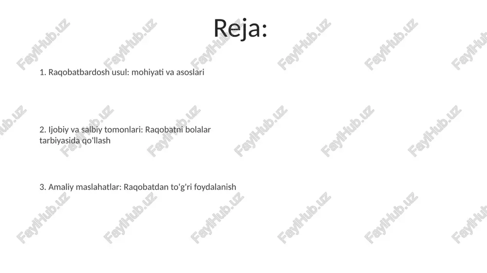 da “mukofotlash tizimi”ni joriy eting, bunda vazifalarni bajarish (75% uy vazifasi, 25% uy ishlari) uchun ball to'planadi va bu ballar keyinchalik imtiyozlar yoki sovg'alarga almashtiriladi. ota-onalarning roli: muvozanat va adolat ota-onalar har bir bolaning individual ehtiyojlarini hisobga olishlari, ularga teng imkoniyatlar yaratish va resurslarni adolatli taqsimlashlari kerak. raqobatni sog'lomlashtirish uchun, ota-onalar bolalarni bir-birlari bilan solishtirishdan qochishlari va har bir bolaning shaxsiy yutuqlarini nishonlashlari muhimdir. musobaqa usulining muqobil yechimlari raqobat o'rniga, bolalarni o'z qobiliyatlarini rivojlantirish uchun rag'batlantirish, ularning individual taraqqiyotini qo'llab-quvvatlash, demotivatsiya xavfini kamaytirish muhimdir. bolalarni tarbiyalashda hamkorlik usullari, raqobatdan farqli o'laroq, oilaviy muhitda mehr va hamjihatlikni ustun qo'yadi, psixologik barqarorlikni ta'minlaydi. e'tiboringiz uchun rahmat image5.jpg image6.jpg image7.jpg image8.jpg image9.jpg image10.jpg image11.jpg image1.jpeg image2.jpeg