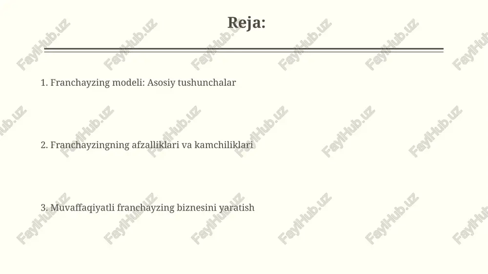 atida sotuvdan foiz oladi, odatda bu ko'rsatkich 4% dan 8% gacha bo'lib, brendning qimmatiga bog'liqdir. franchayzingni boshlash bosqichlari franchayzingni boshlashda bozorni erta baholash muhim, ya'ni 3-5 yillik istiqbolni hisobga olib, talab va raqobatbardoshlikni aniqlash kerak. huquqiy asoslarni yaratish lozim, xususan, 10 dan ortiq bandlarni o'z ichiga olgan franchayzing shartnomasini tuzish va ro'yxatdan o'tkazish talab etiladi. muvaffaqiyatli franchayzing misollari mcdonald's muvaffaqiyati ularning global miqyosdagi izchilligida, 40,000 dan ortiq restoranda bir xil sifatni ta'minlash va mahalliylashtirilgan menyularni muvaffaqiyatli moslashtirishida namoyon bo'ladi. subwayning franchayzing modeli past sarmoya talablari va soddalashtirilgan operatsiyalari bilan ajralib turadi, bu esa 100 dan ortiq mamlakatda 37,000 dan ziyod filialga ega bo'lishiga yordam berdi. franchayzingda xavflarni kamaytirish franshizaning potentsial xavflarini kamaytirish uchun bozorni 360 graduslik baholash muhim. mijozlar, raqobatchilar va tendentsiyalarni tahlil qilish biznes-rejadagi zaif tomonlarni aniqlashga yordam beradi. franshiza shartnomasini imzolashdan oldin, advokat va moliyaviy maslahatchi bilan 2-3 hafta davomida muzokara olib boring. bu shartnoma shartlari sizning manfaatlaringizga …