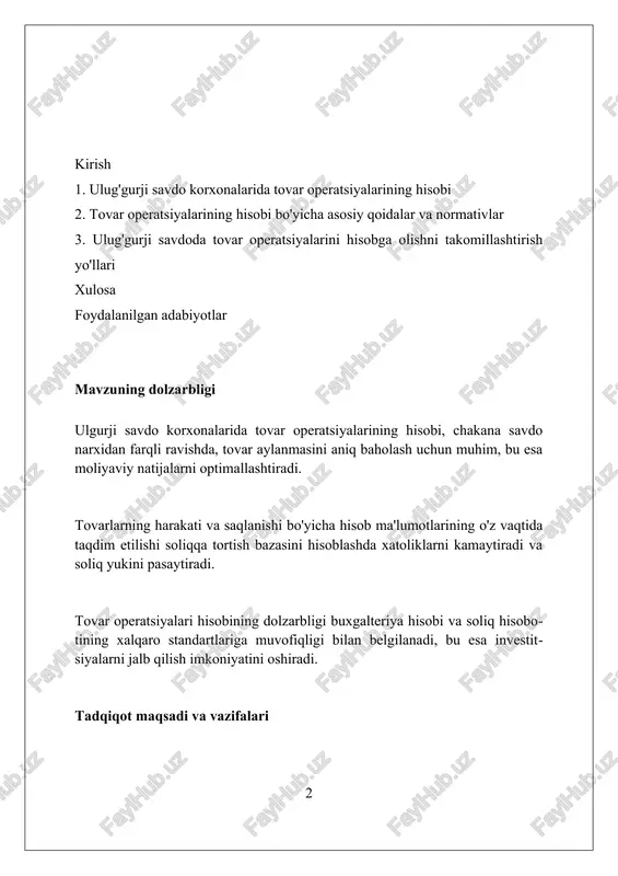 ti: tovar-moddiy zaxiralarning harakati, ularning baholanishi va soliqqa tortilishi, ulgurji savdoda 157-sonli buxgalteriya hisobi standartiga muvofiq aks ettirilishi bilan bog'liq hisob fakturalari. tadqiqot predmeti: tovar operatsiyalarini hisobga olishning uslubiy asoslari, jumladan, ulgurji bazalarda 1600 dan ortiq tovar nomenklaturasiga nisbatan qo'llaniladigan dasturiy ta'minot va hisobot shakllari. axborot bazasi va tadqiqot usullari asosiy axborot manbalari buxgalteriya hisobi registrlari, masalan, 100-sonli inventarizatsiya kartochkalari, 410-sonli tovarlar harakati hisoboti va 500-sonli sotuvlar daftarlaridir. tadqiqot usullari statistik analiz, iqtisodiy-matematik modellashtirish va ekspert baholashni o'z ichiga oladi, bu esa tovar operatsiyalarini optimallashtirishga yordam beradi. korxonalarda tovar operatsiyalarini tahlil qilishda moliyaviy hisobotlar, jumladan, 1-sonli shakl (balans) va 2-sonli shakl (moliyaviy natijalar to'g'risidagi hisobot) muhimdir. asosiy tushunchalar va ta'riflar tovar operatsiyalari – bu xarid, sotish, saqlash va yetkazib berish bilan bog'liq bo'lgan, buxgalteriya hisobida aks etadigan, qiymatga ega moddiy resurslar bilan bog'liq jarayonlardir. ulgurji savdo korxonalari – tovarlarni qayta sotish yoki ishlab chiqarishda foydalanish uchun sotib oladigan va sotadigan …
