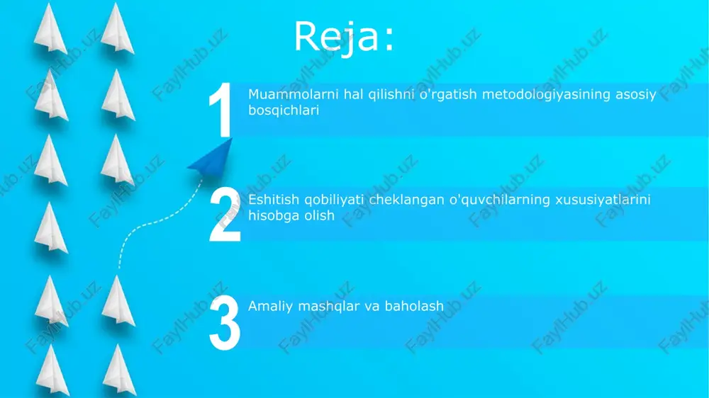 o'plash va tahlil qilish ma'lumot to'plashda vizual vositalar, masalan, diagrammalar, jadvallar va rasmlardan foydalanish, 70-80% vizual qabul qilishga tayangan holda, eshitish qobiliyati cheklangan o'quvchilar uchun juda muhim. tahlil bosqichida, 5w1h (who, what, where, when, why, how) texnikasidan foydalanish, muammoning 6 ta asosiy aspektini aniqlash orqali ma'lumotni sistemalashtirishga yordam beradi. 3-bosqich: yechim variantlarini ishlab chiqish start 3-bosqichda oʻquvchilar 2 yoki 3 ta mumkin boʻlgan yechimlarni taklif qilishadi. har bir yechimning afzalliklari va kamchiliklari vizual ravishda taqdim etiladi, masalan, jadval yoki diagramma orqali. ushbu bosqichda tinglash qobiliyati cheklangan oʻquvchilar uchun vizual vositalardan, yaʼni rangli kodlash yoki 3d modellaridan foydalanish yechim variantlarini tushunishni osonlashtiradi. 4-bosqich: yechim variantlarini baholash va tanlash 4-bosqichda har bir yechim variantining afzalliklari va kamchiliklari aniqlanadi, masalan, resurslar sarfi, vaqt, qulaylik darajasi 1 dan 10 gacha baholanadi. o'quvchilar har bir yechim variantining potentsial oqibatlarini, jumladan, muvaffaqiyat ehtimolini va mumkin bo'lgan xatarlarni 0 dan 100% gacha baholashlari kerak. 5-bosqich: yechimni amalga …