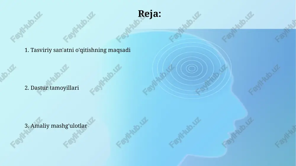 kin ifodalashga undaydi va vizual san'at asarlarini yaratishda 3d modellashtirish kabi innovatsion yondashuvlarni qo'llab-quvvatlaydi. baholash usullari baholash usullari vizual san'atda talabalarning ijodiy o'sishini aniqlash uchun rubrikalar, portfel ko'rib chiqish va o'z-o'zini baholash kabi 360 gradusli formatlarni o'z ichiga oladi. summativ baholashda yakuniy loyihalar 100 ballik shkala bo'yicha baholanadi, bunda texnik mahorat, kompozitsiya va kontseptual chuqurlik kabi mezonlar hisobga olinadi. resurslar va materiallar tasviriy san'atda 2d va 3d resurslar talab etiladi; qog'oz, bo'yoqlar, loy, yog'och va turli xil arzon topiladigan materiallar o'quvchilar ijodini rivojlantirish uchun muhimdir. dasturda har bir o'quvchi uchun 10-15 xil rangdagi sifatli bo'yoqlar, cho'tkalar, qalamlar va boshqa vositalar bilan ta'minlanganligi talab qilinadi, shu bilan ijodiy erkinlik kafolatlanadi. o'qituvchining roli o'qituvchi, 21-asr talabalariga moslashuvchanlikni namoyon etib, san'atning 10 ta asosiy elementini tushuntirib, ijodiy fikrlashni rag'batlantirishi muhim. o'qituvchining vazifasi – har bir o'quvchining 3 ta o'ziga xos qobiliyatini aniqlash va individual yondashuv orqali san'at loyihalarida ularni qo'llab-quvvatlash. o'quvchilarning rivojlanishi visual …